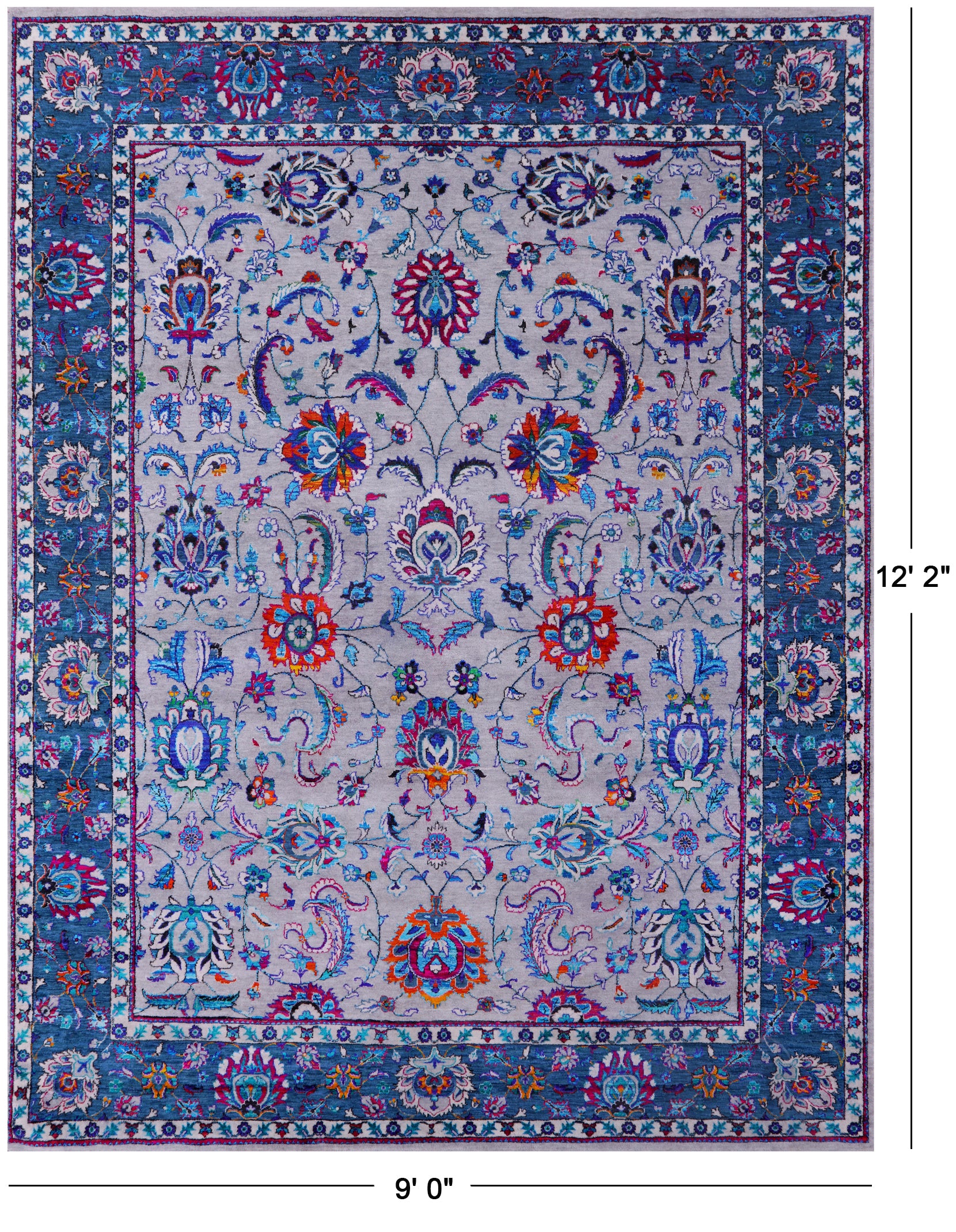 Grey Persian Hand Knotted Wool & Silk Rug - 9' 0" X 12' 2" - Golden Nile