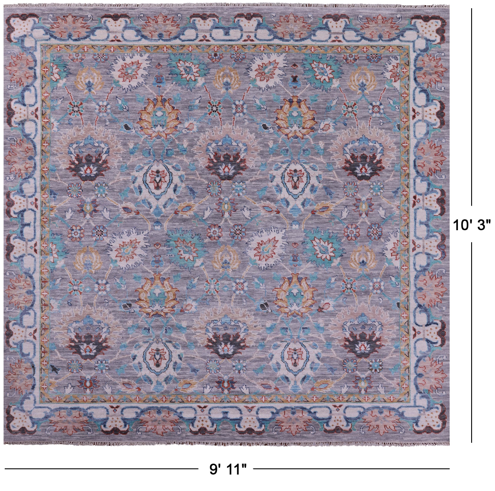Grey Square William Morris Hand Knotted Wool Rug - 9' 11" X 10' 3" - Golden Nile