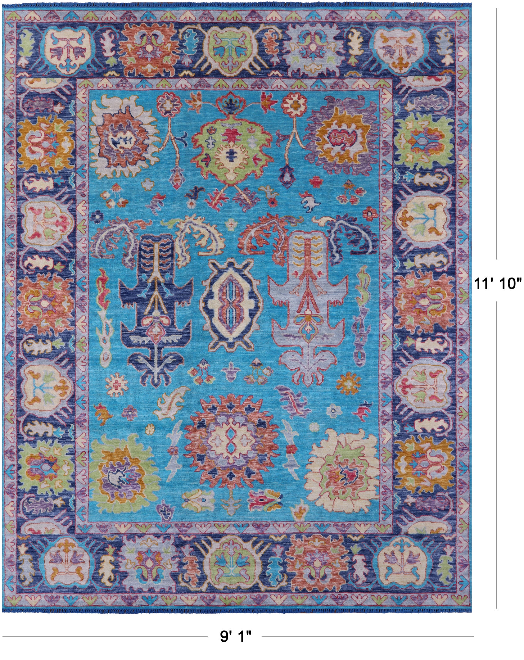 Blue Turkish Oushak Hand Knotted Wool Rug - 9' 1" X 11' 10" - Golden Nile