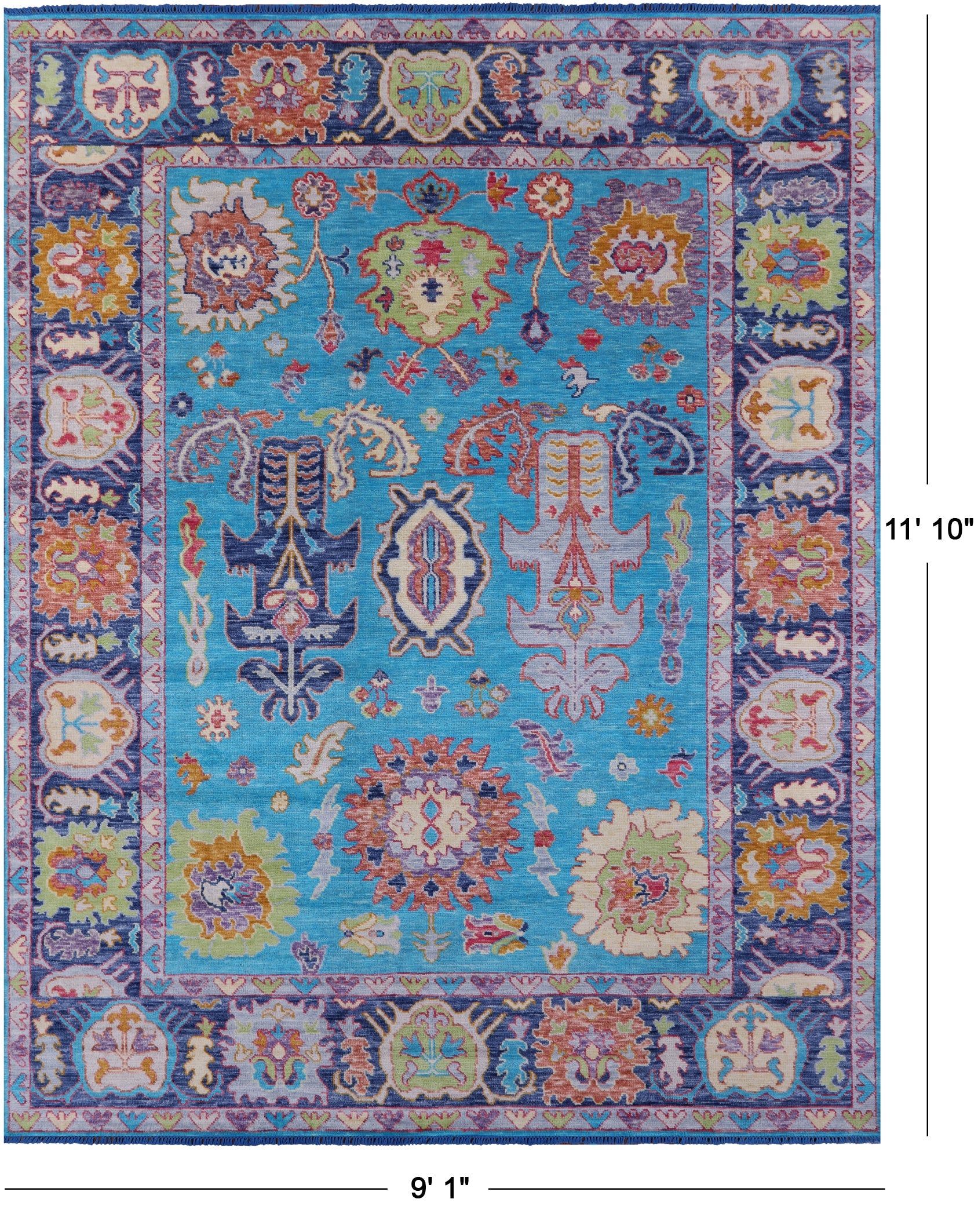 Blue Turkish Oushak Hand Knotted Wool Rug - 9' 1" X 11' 10" - Golden Nile