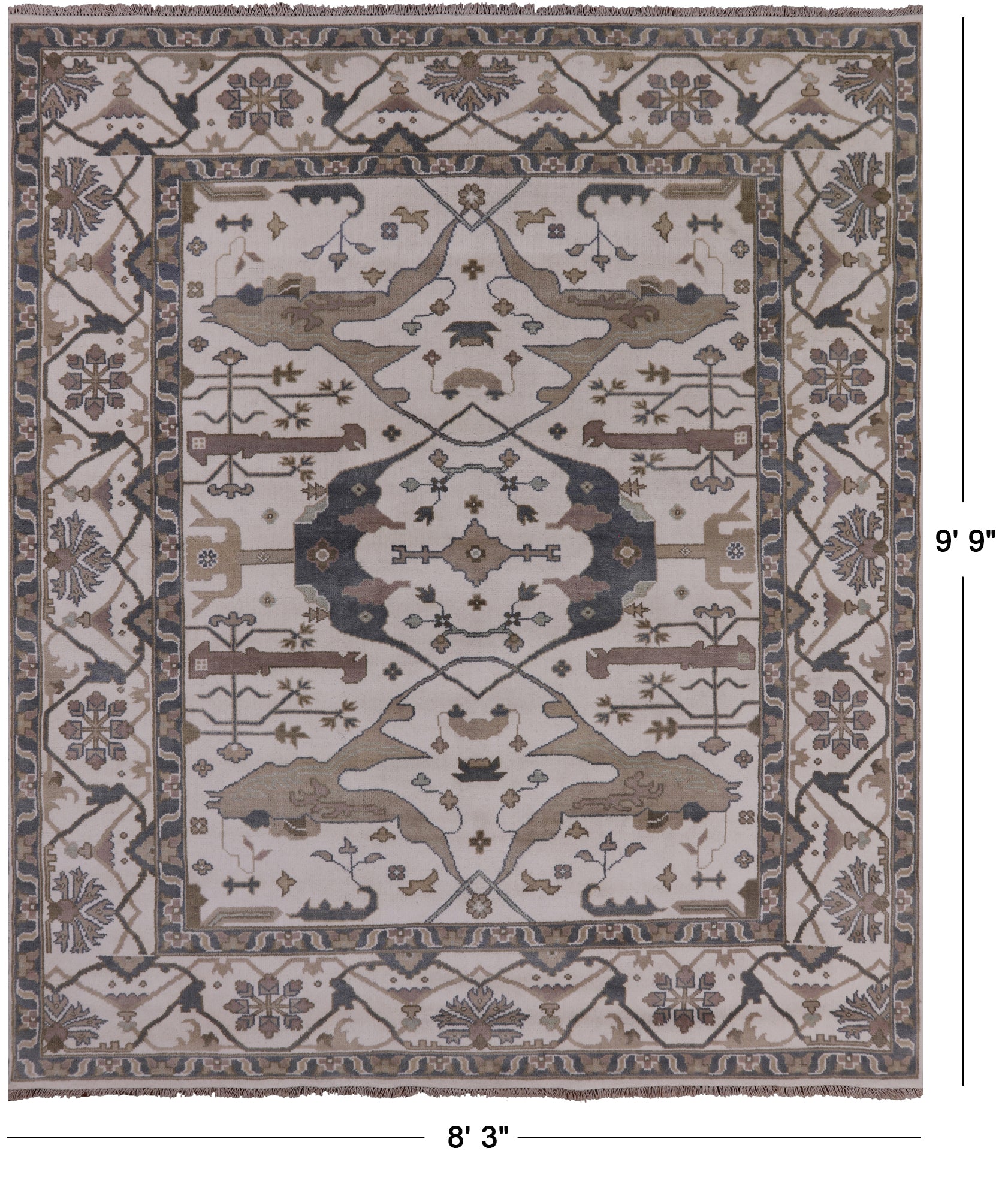 Ivory Turkish Oushak Hand Knotted Wool Area Rug - 8' 3" X 9' 9" - Golden Nile