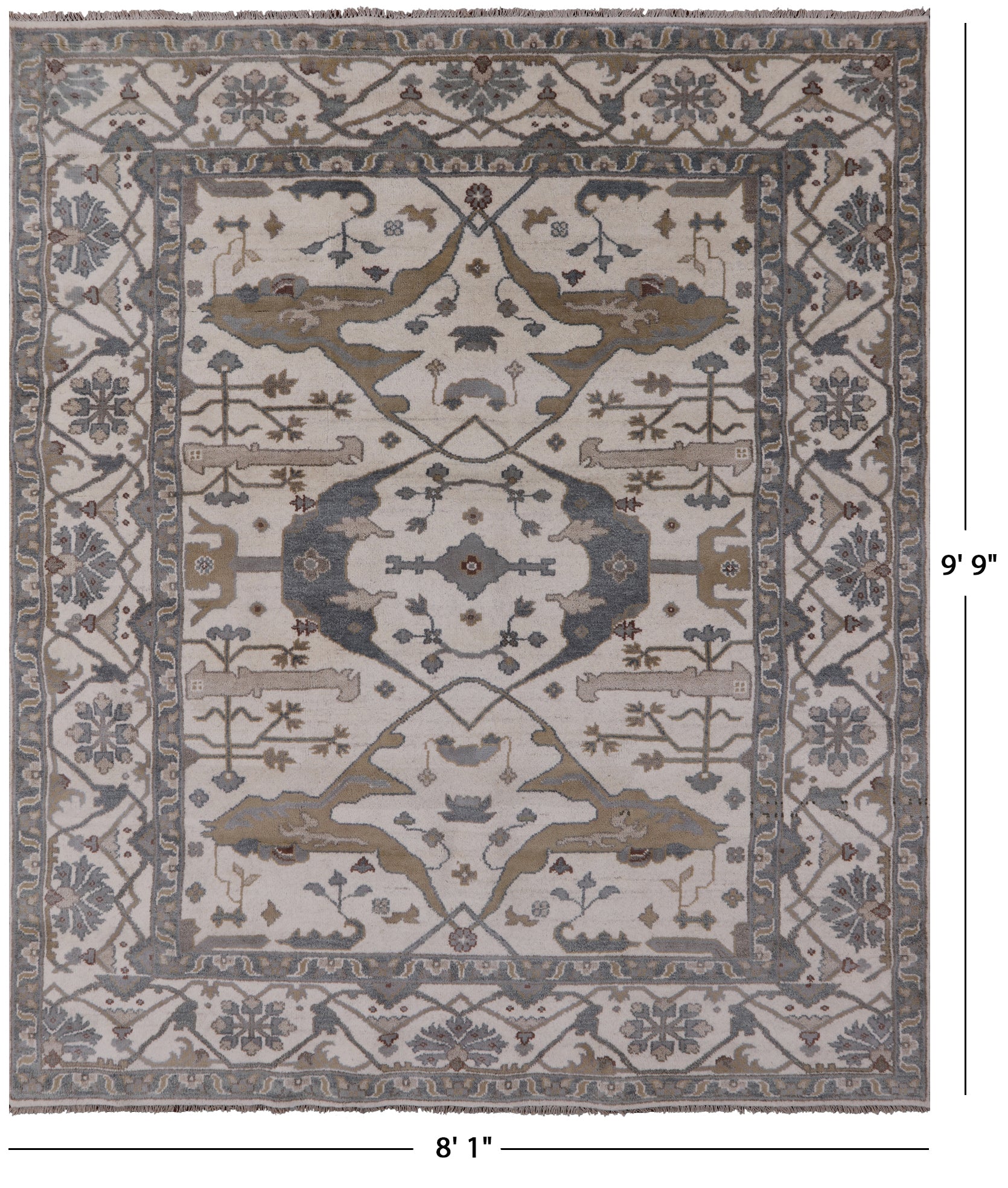 Ivory Turkish Oushak Hand Knotted Wool Area Rug - 8' 1" X 9' 9" - Golden Nile