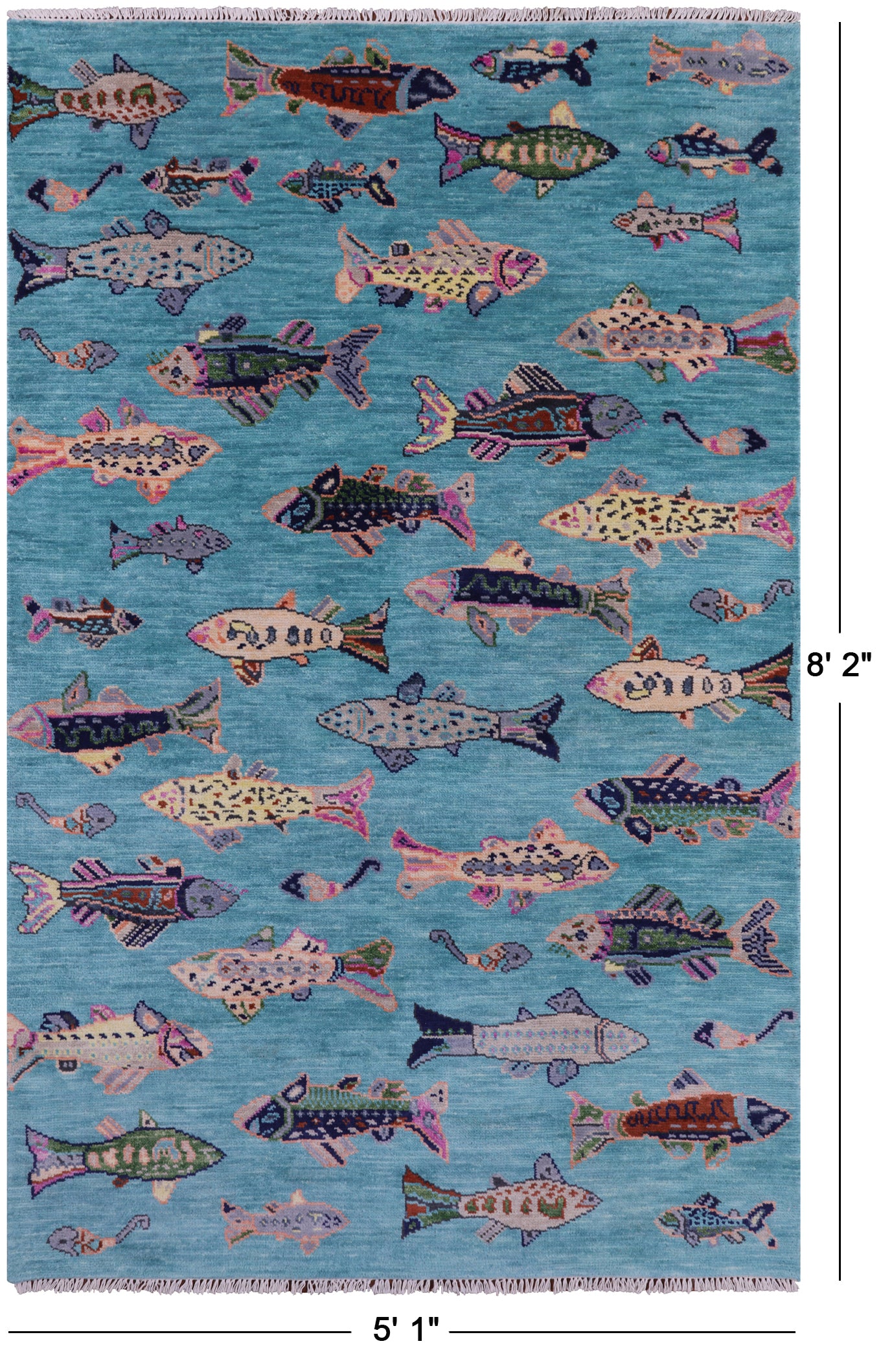 Blue Fish Design Persian Gabbeh Hand Knotted Wool Rug - 5' 1" X 8' 2" - Golden Nile