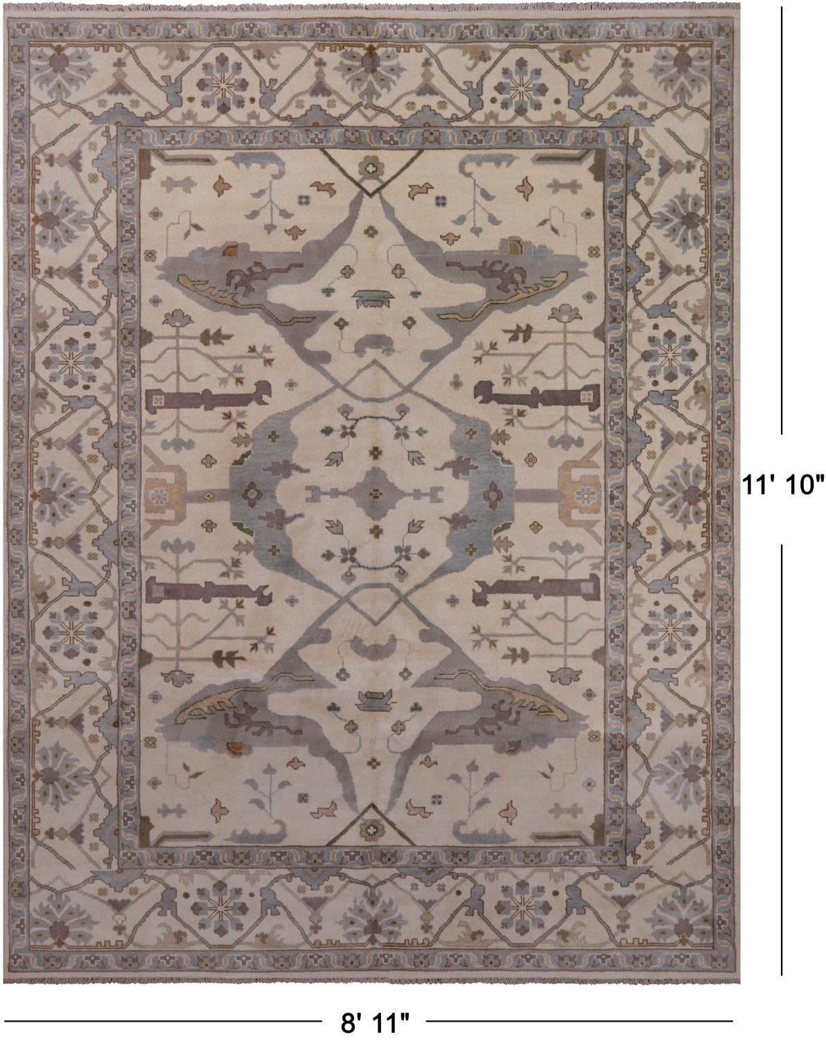 Ivory Turkish Oushak Hand Knotted Wool Area Rug - 8' 11" X 11' 10"
