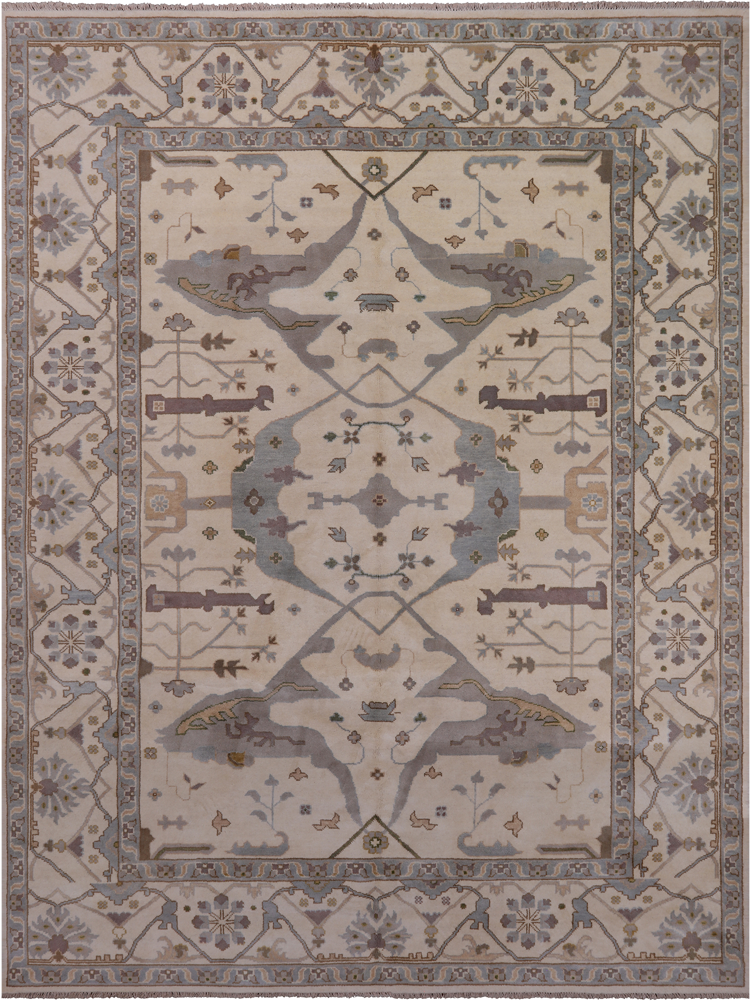 Ivory Turkish Oushak Hand Knotted Wool Area Rug - 8' 11" X 11' 10"