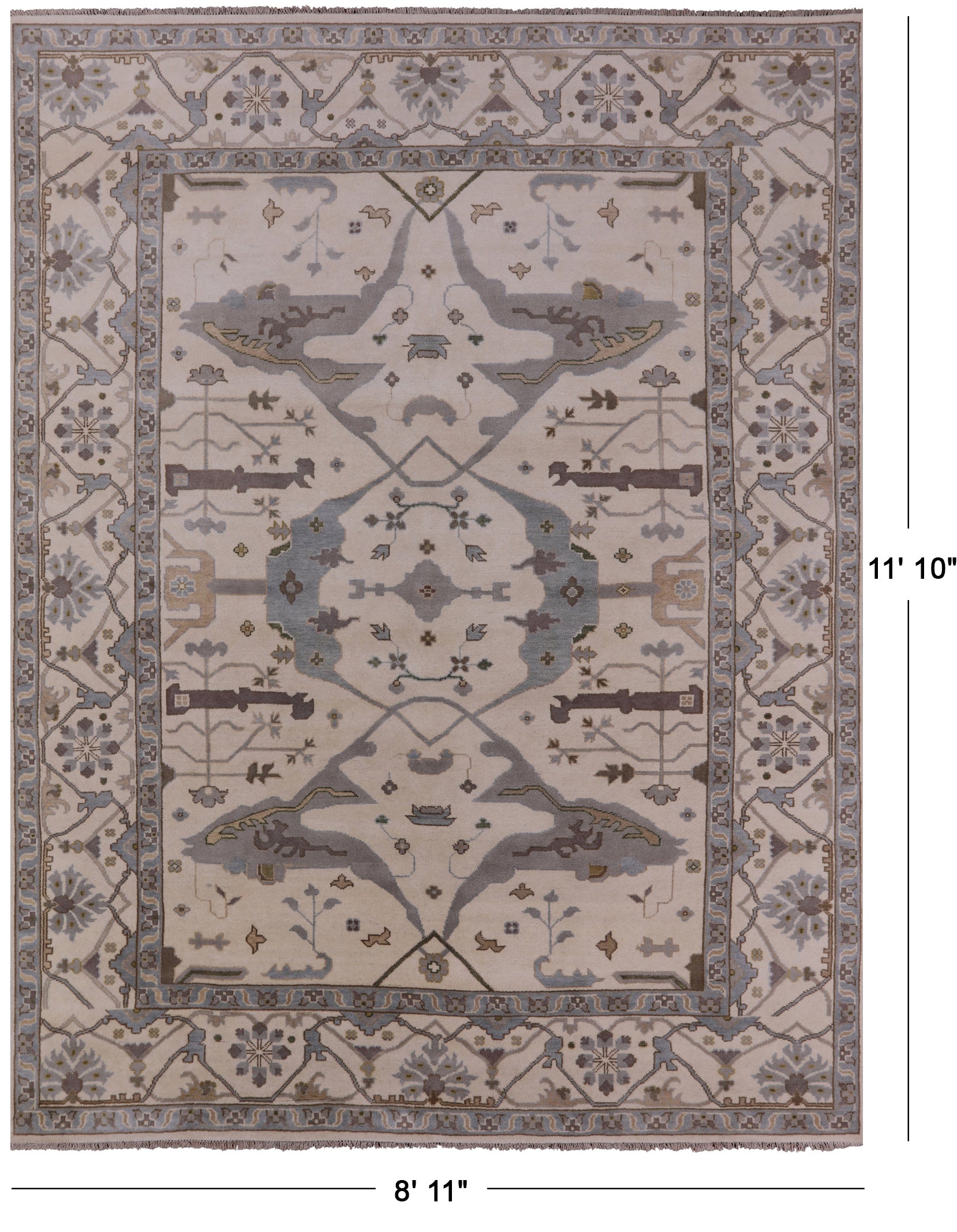 Ivory Turkish Oushak Hand Knotted Wool Area Rug - 8' 11" X 11' 10" - Golden Nile