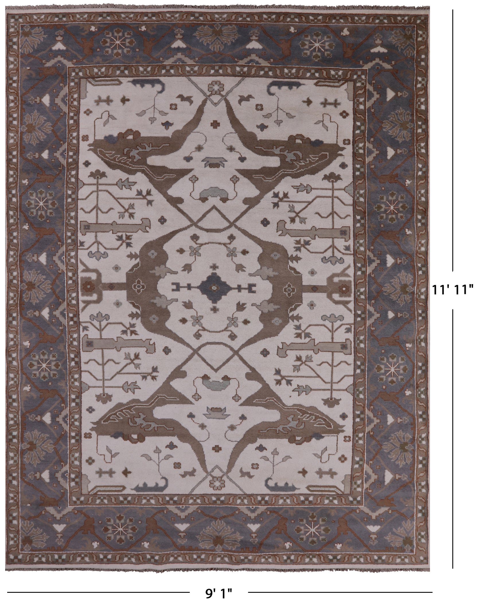 Ivory Turkish Oushak Hand Knotted Wool Area Rug - 9' 1" X 11' 11" - Golden Nile