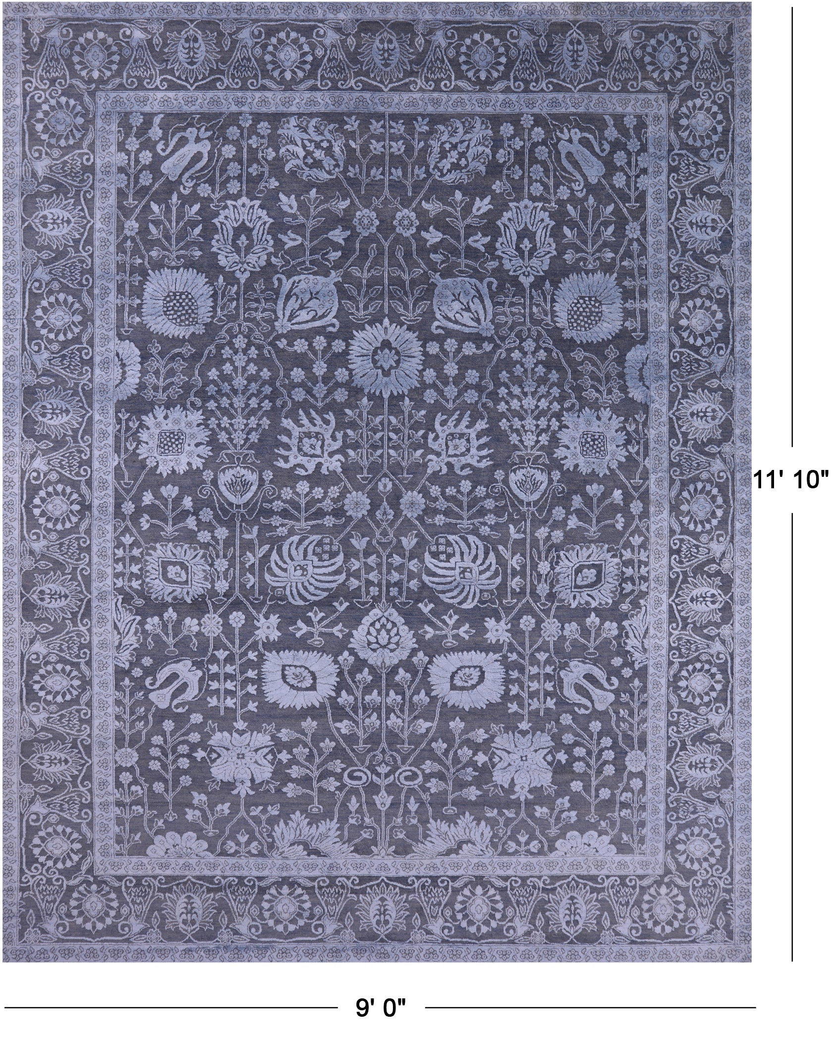 Grey Persian Hand Knotted Wool & Silk Rug - 9' 0" X 11' 10" - Golden Nile