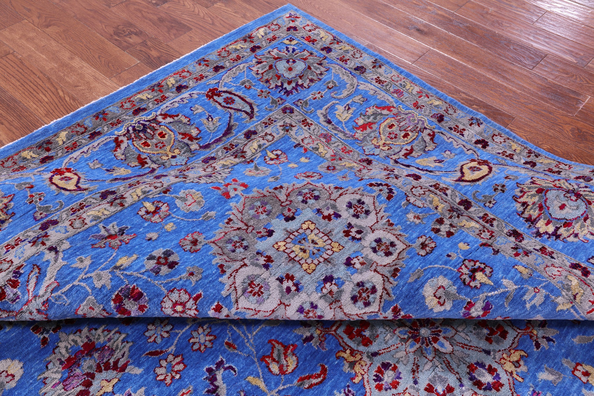 Blue Persian Hand Knotted Wool & Silk Rug - 9' 1" X 12' 1" - Golden Nile