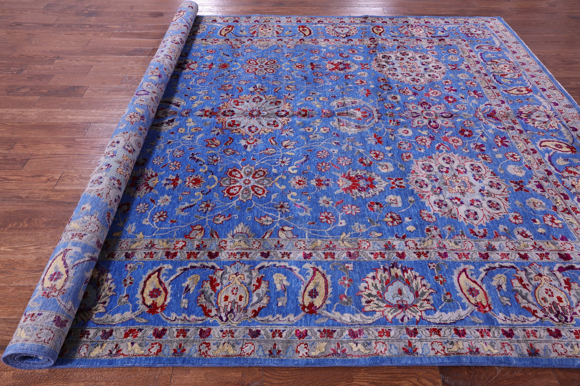 Blue Persian Hand Knotted Wool & Silk Rug - 9' 1" X 12' 1" - Golden Nile