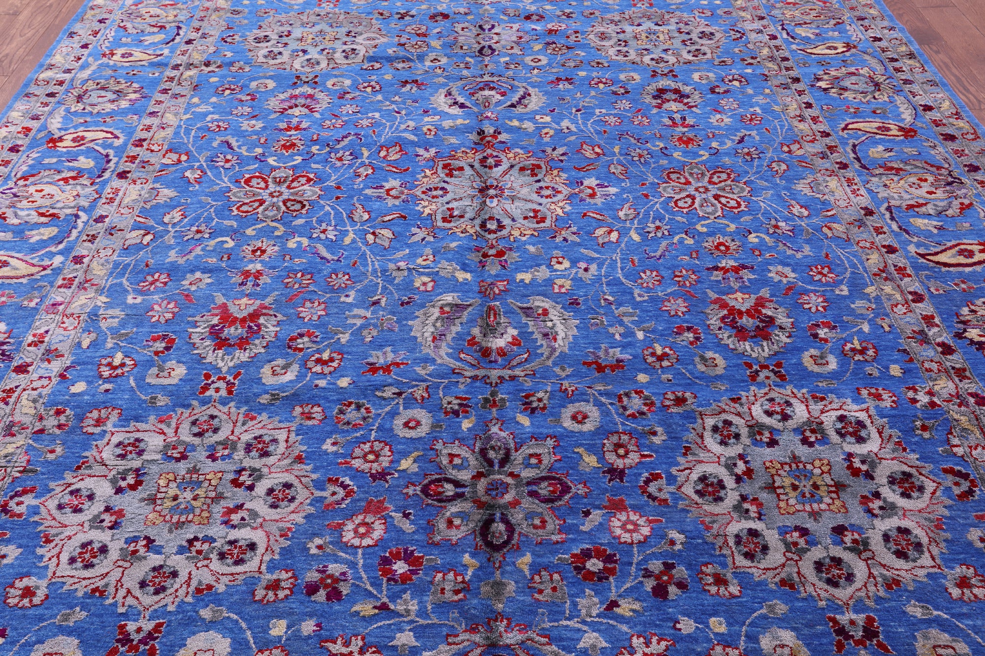 Blue Persian Hand Knotted Wool & Silk Rug - 9' 1" X 12' 1" - Golden Nile