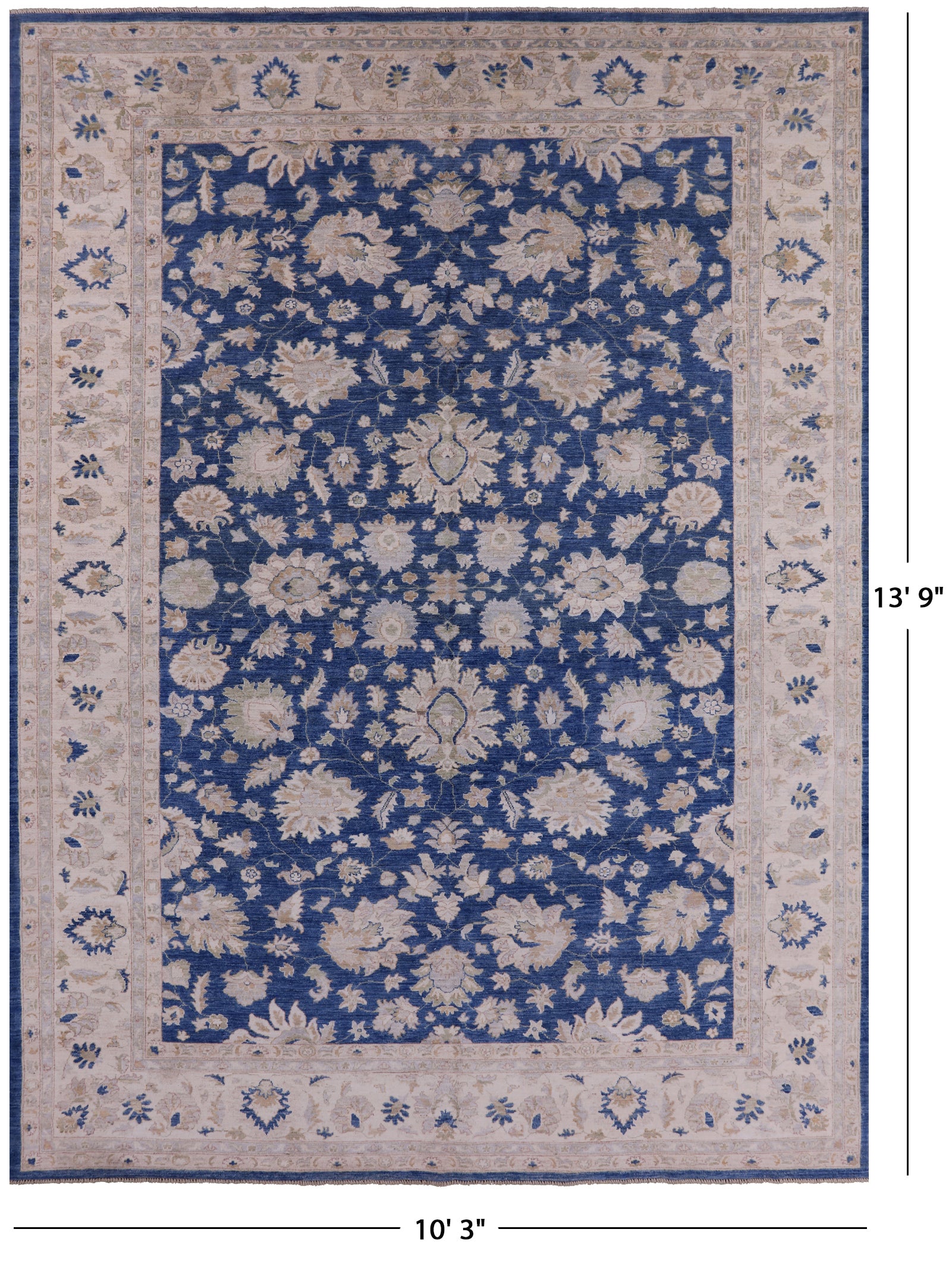 Blue Peshawar Hand Knotted Wool Area Rug - 10' 3" X 13' 9" - Golden Nile