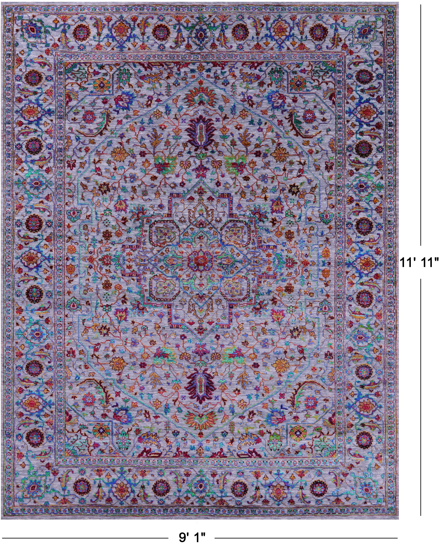 Grey Persian Fine Serapi Handmade Wool & Silk Rug - 9' 1" X 11' 11" - Golden Nile