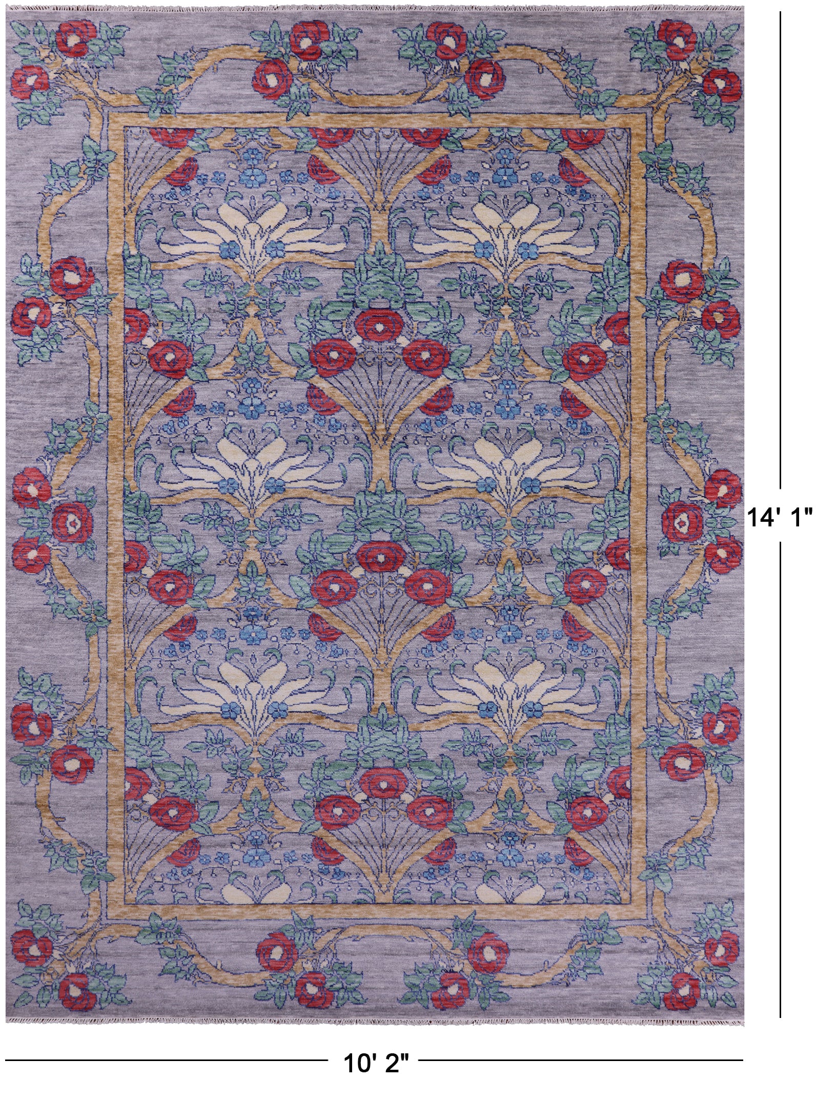 Grey William Morris Hand Knotted Wool Rug - 10' 2" X 14' 1" - Golden Nile