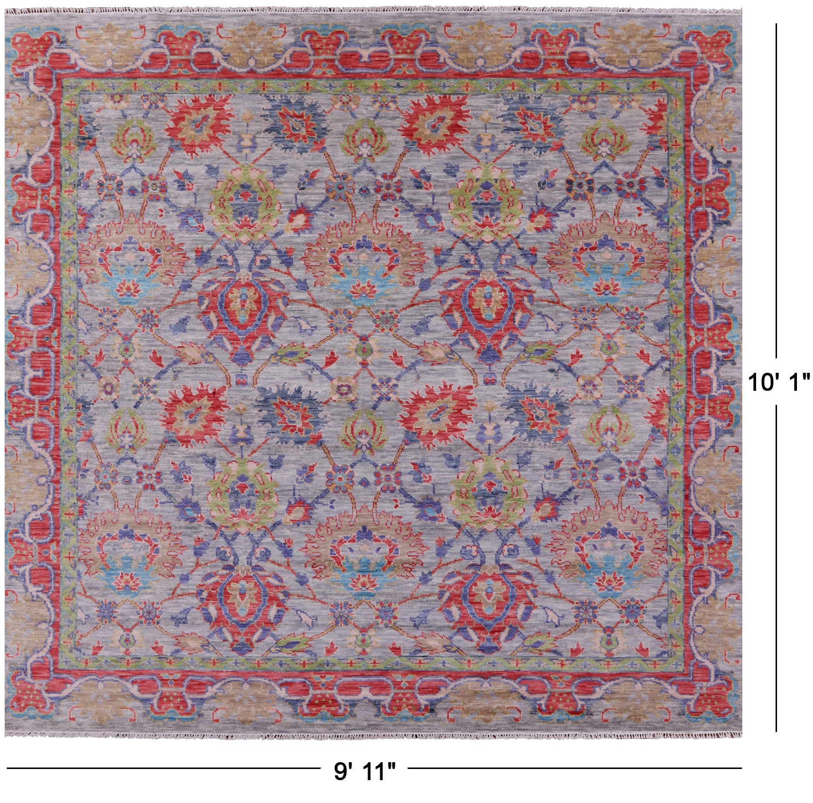 Grey Square William Morris Handmade Wool Rug - 9' 11" X 10' 1" - Golden Nile