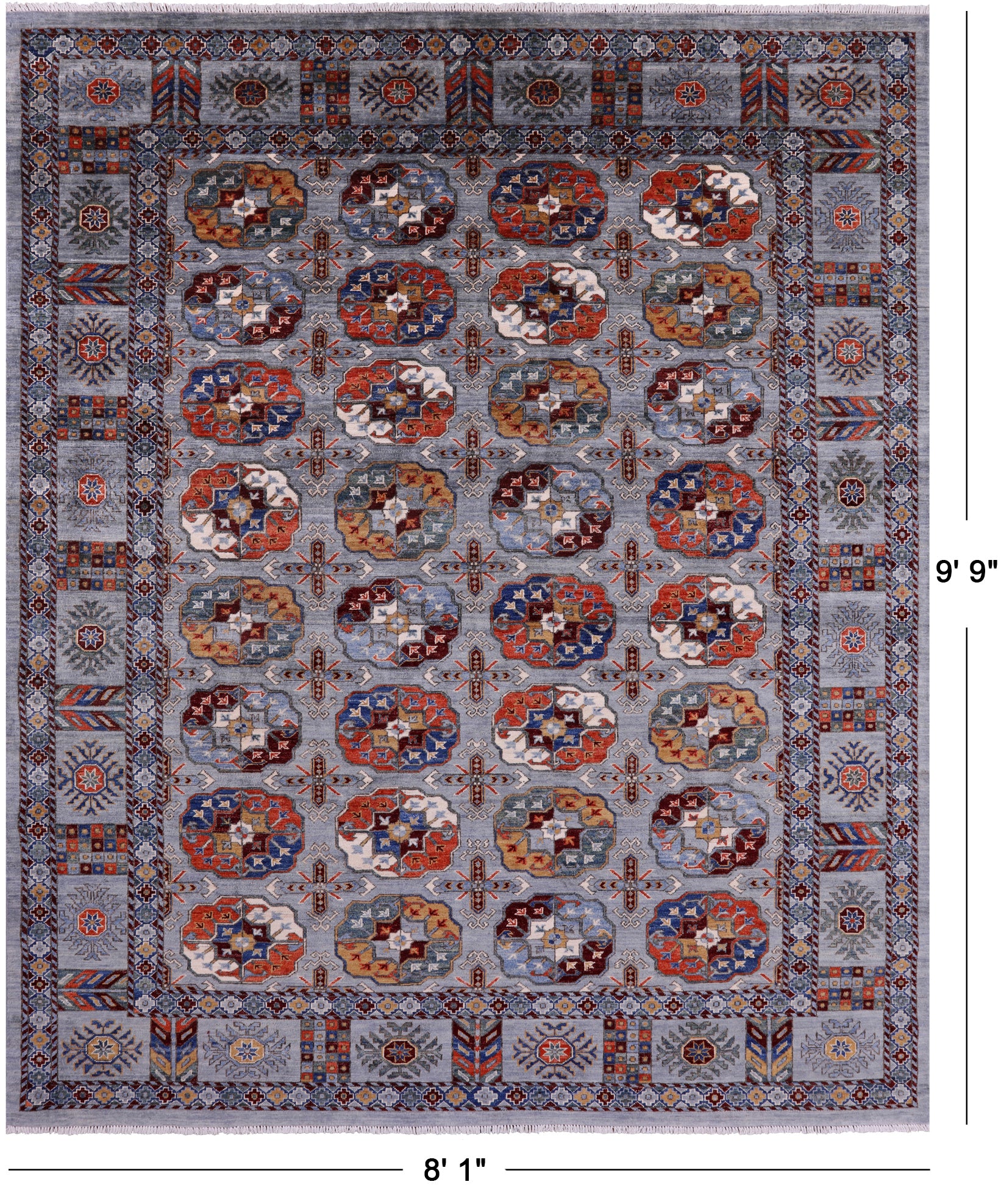 Grey Turkmen Ersari Hand Knotted Wool Rug - 8' 1" X 9' 9" - Golden Nile