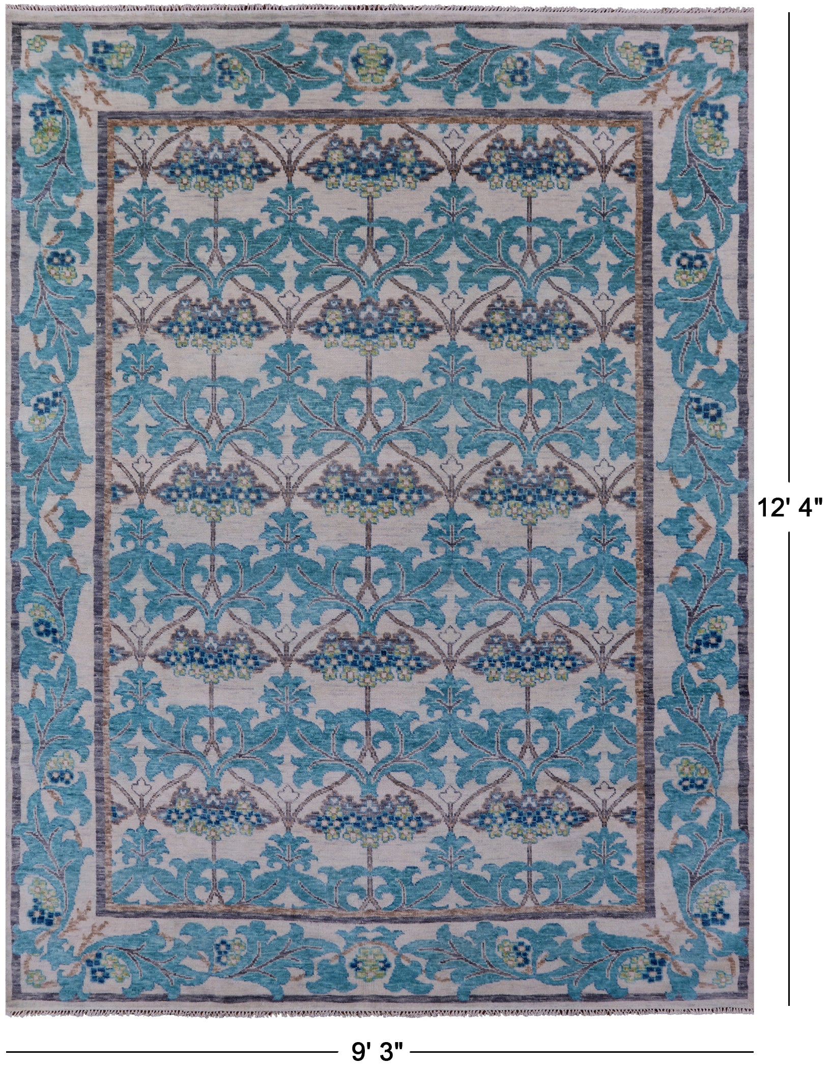 Ivory William Morris Hand Knotted Wool Rug - 9' 3" X 12' 4" - Golden Nile