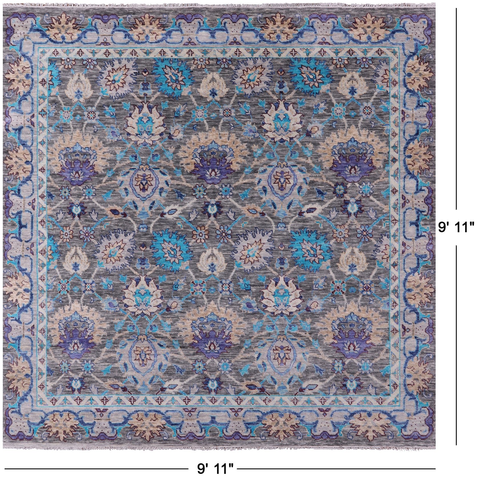 Grey Square William Morris Hand Knotted Wool Rug - 9' 11" X 9' 11" - Golden Nile
