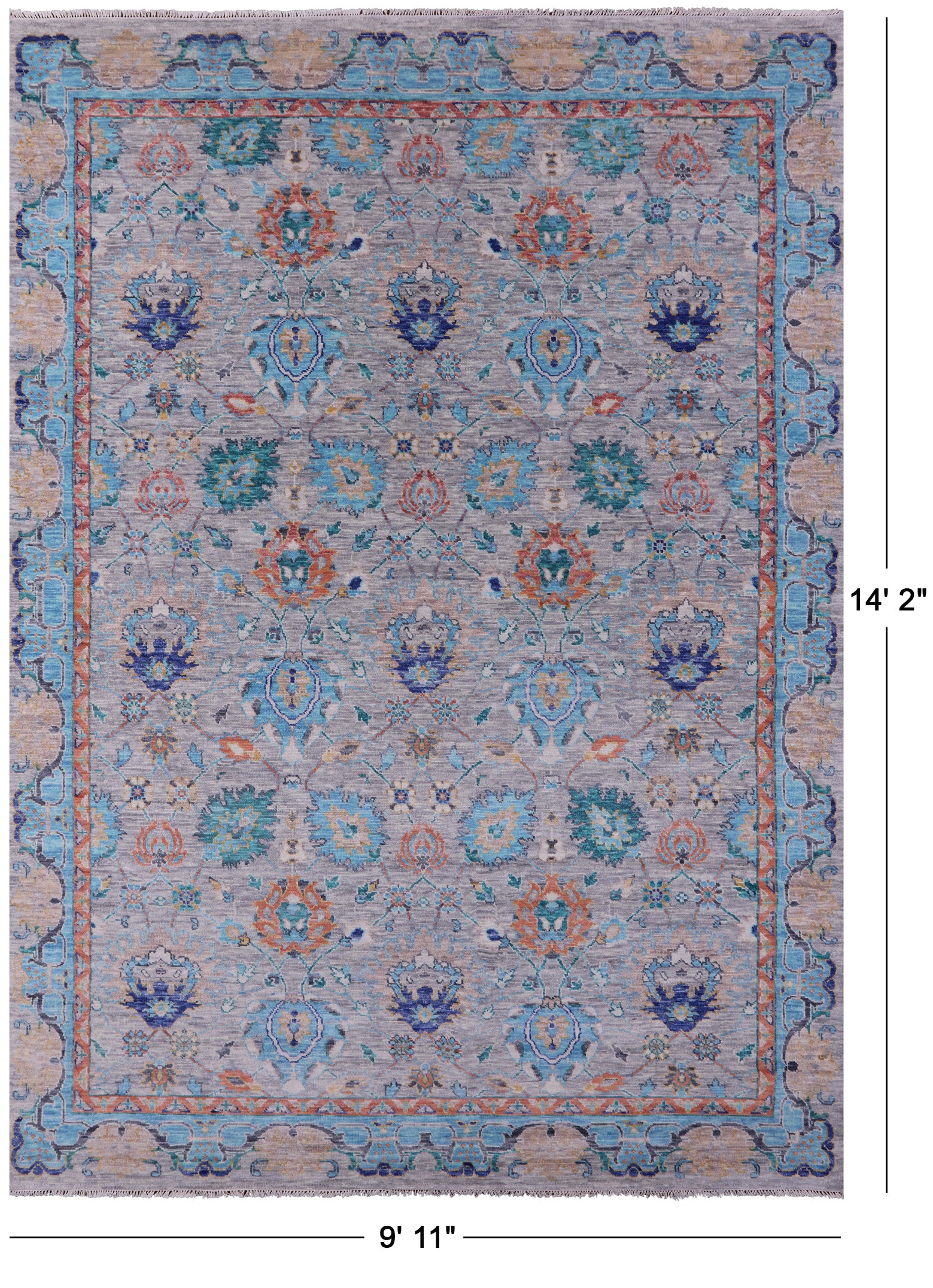Grey William Morris Hand Knotted Wool Rug - 9' 11" X 14' 2" - Golden Nile