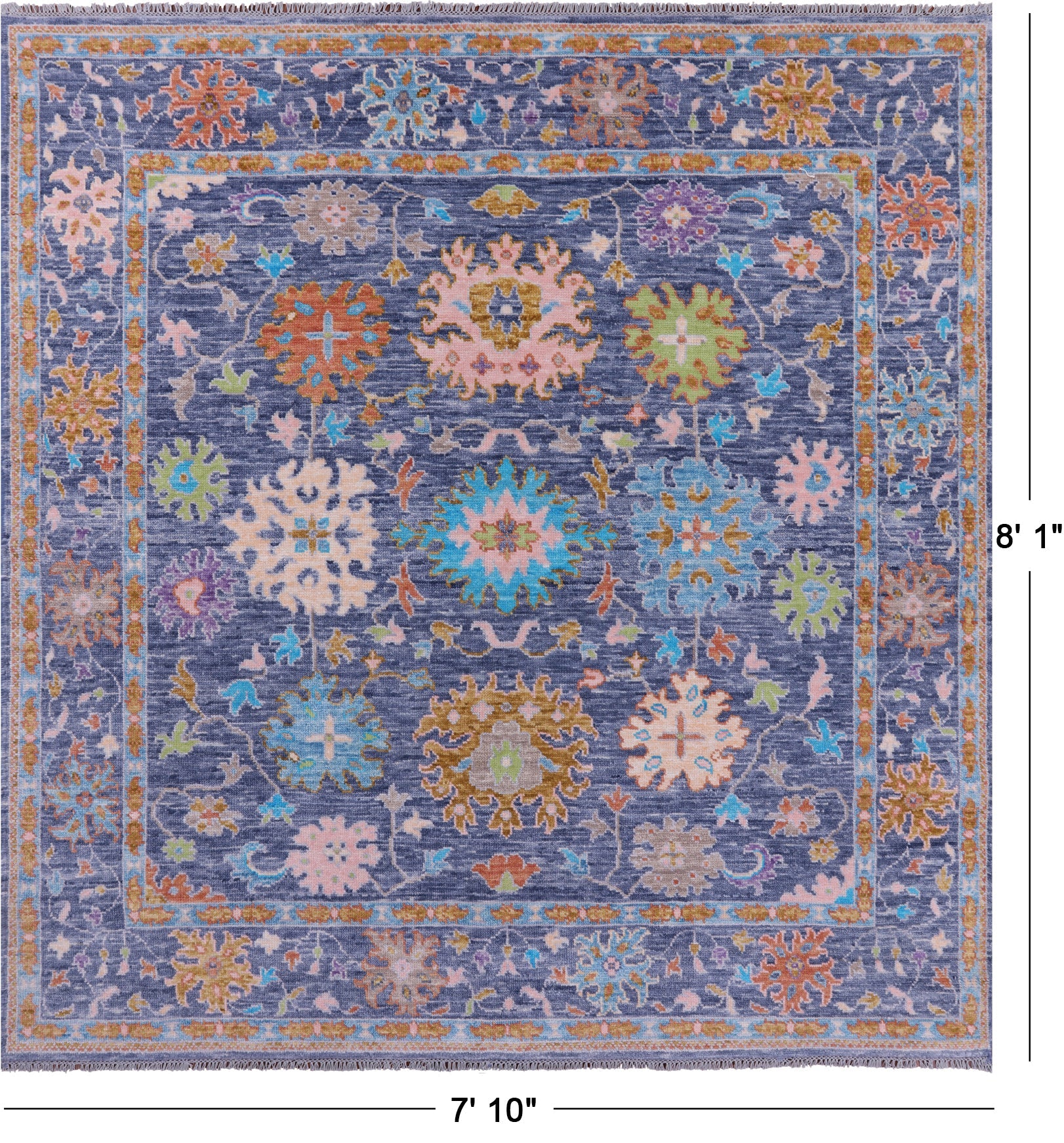 Blue Square Turkish Oushak Hand Knotted Wool Rug - 7' 10" X 8' 1" - Golden Nile