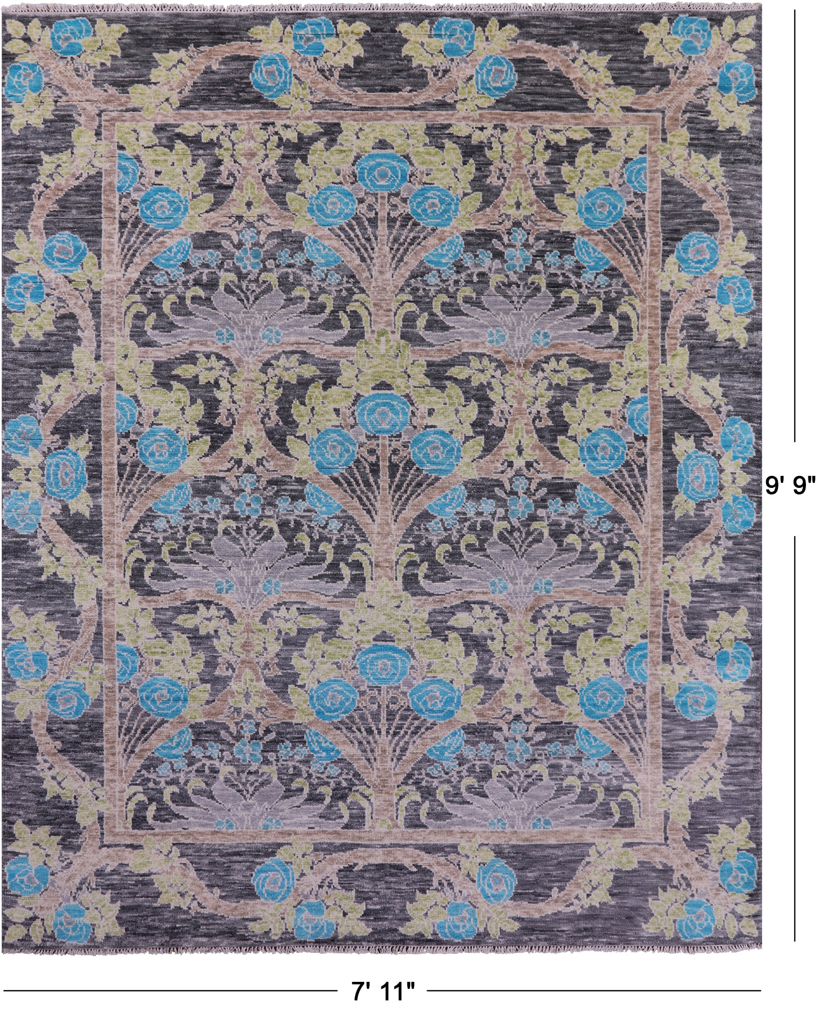 Grey William Morris Hand Knotted Wool Rug - 7' 11" X 9' 9" - Golden Nile