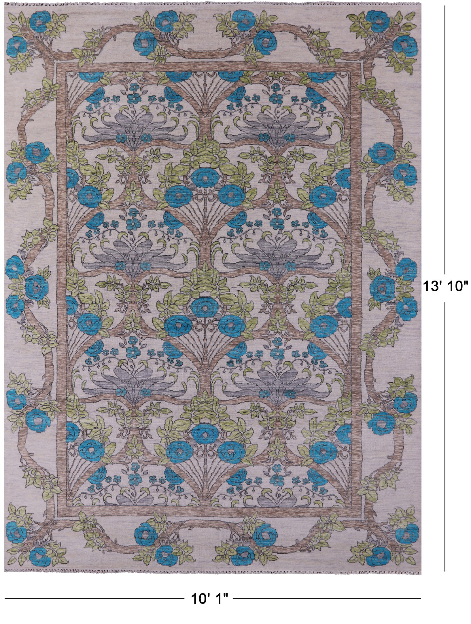 Ivory William Morris Hand Knotted Wool Rug - 10' 1" X 13' 10" - Golden Nile