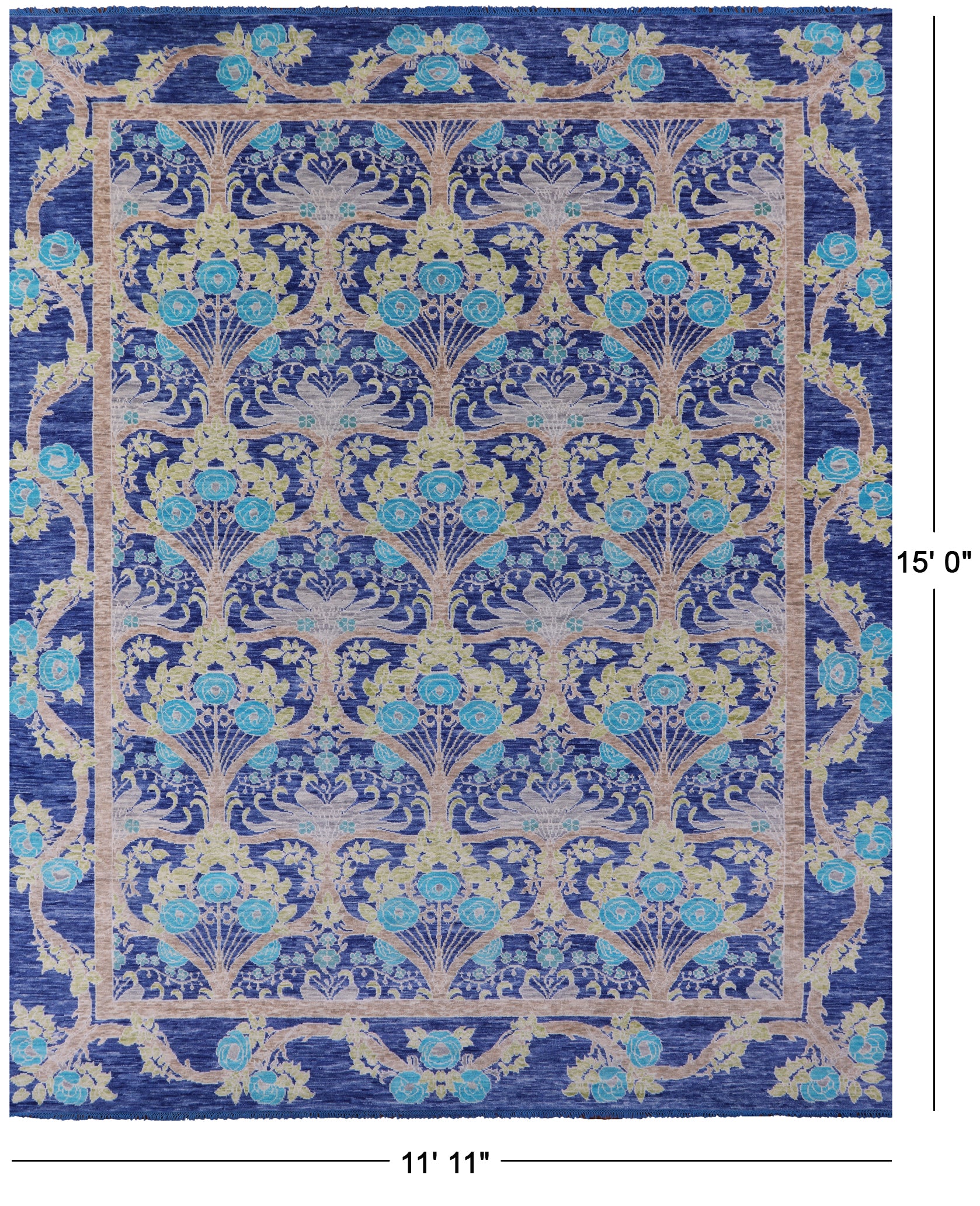 Blue William Morris Hand Knotted Wool Rug - 11' 11" X 15' 0" - Golden Nile