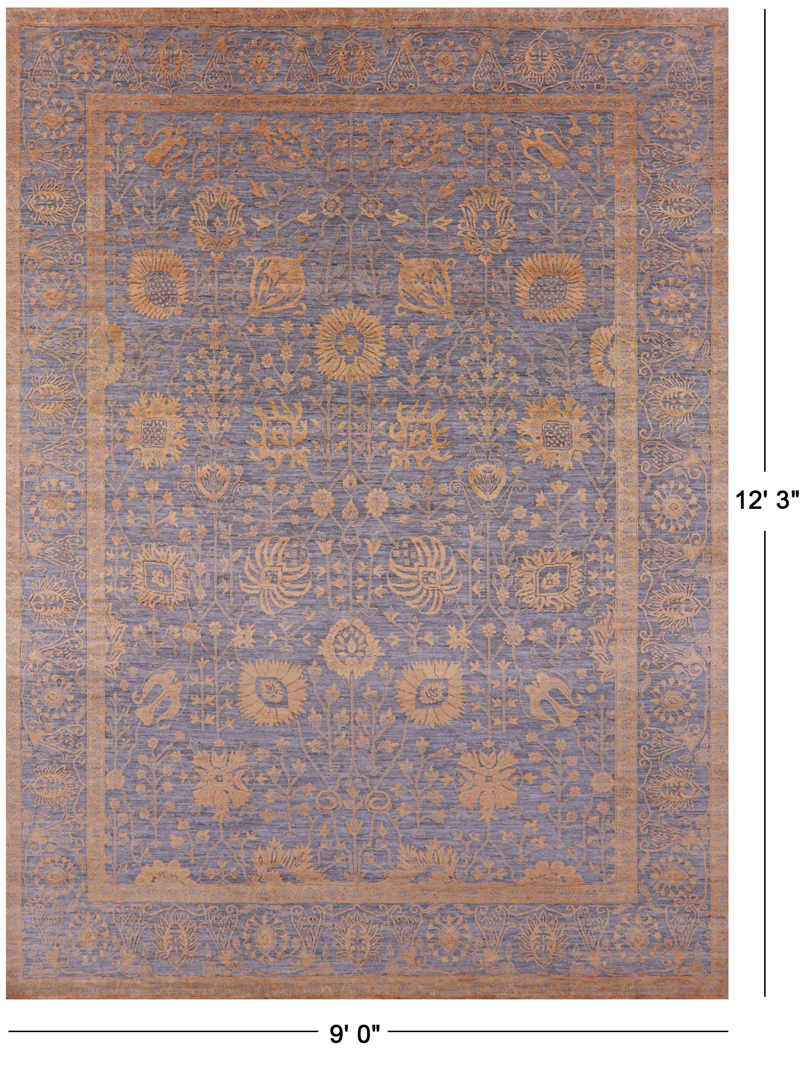 Grey Persian Hand Knotted Wool & Silk Rug - 9' 0" X 12' 3" - Golden Nile