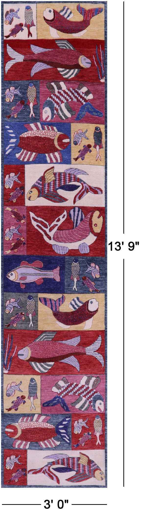 Fish Design Persian Gabbeh Hand Knotted Wool Runner Rug - 3' 0" X 13' 9" - Golden Nile