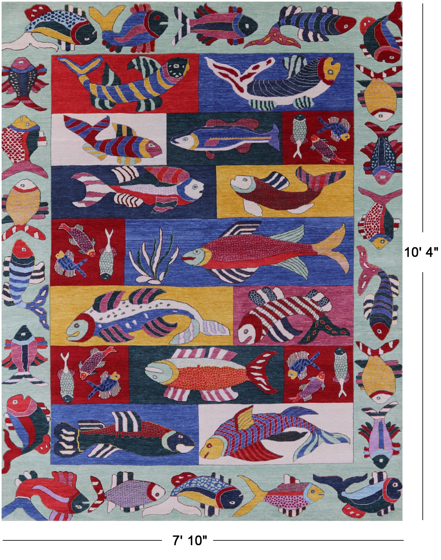 Fish Design Persian Gabbeh Hand Knotted Wool Rug - 7' 10" X 10' 4" - Golden Nile