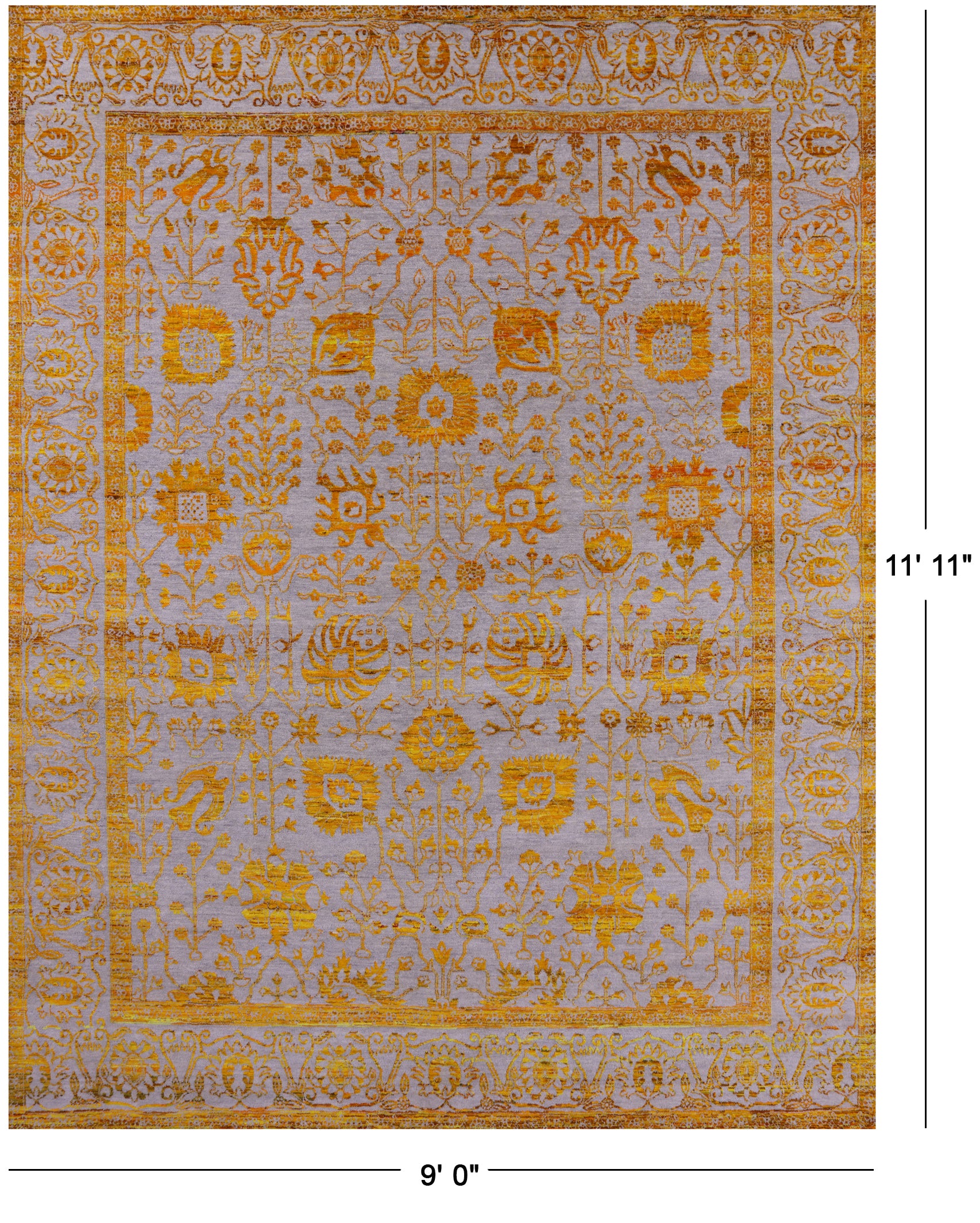 Grey Persian Hand Knotted Wool & Silk Rug - 9' 0" X 11' 11" - Golden Nile