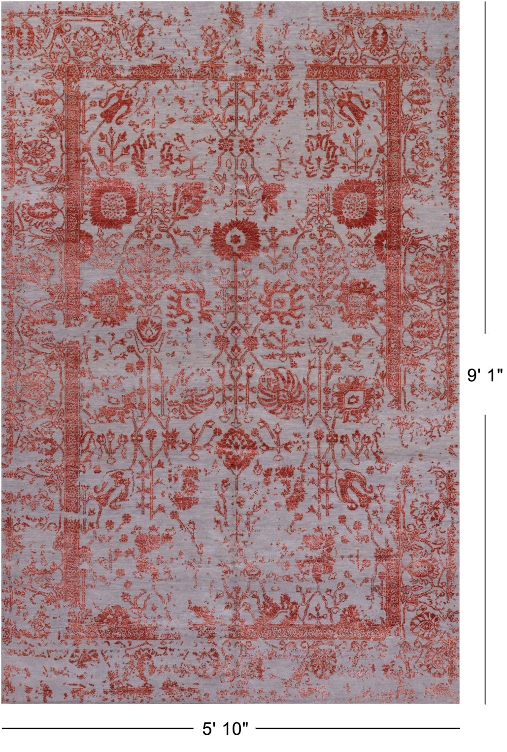 Grey Persian Handmade Wool & Silk Rug - 5' 10" X 9' 1"