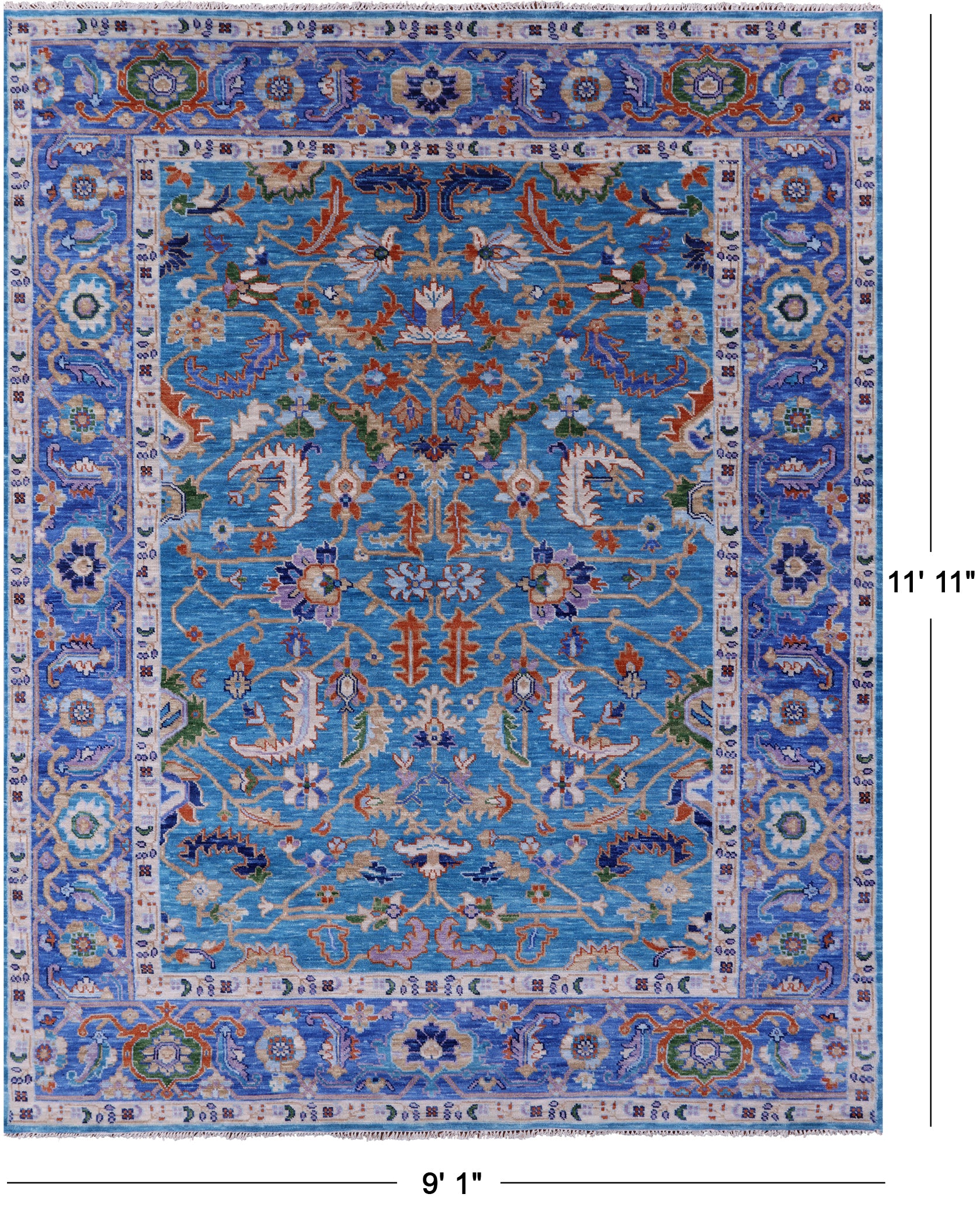 Blue Persian Fine Serapi Hand Knotted Wool Rug - 9' 1" X 11' 11" - Golden Nile