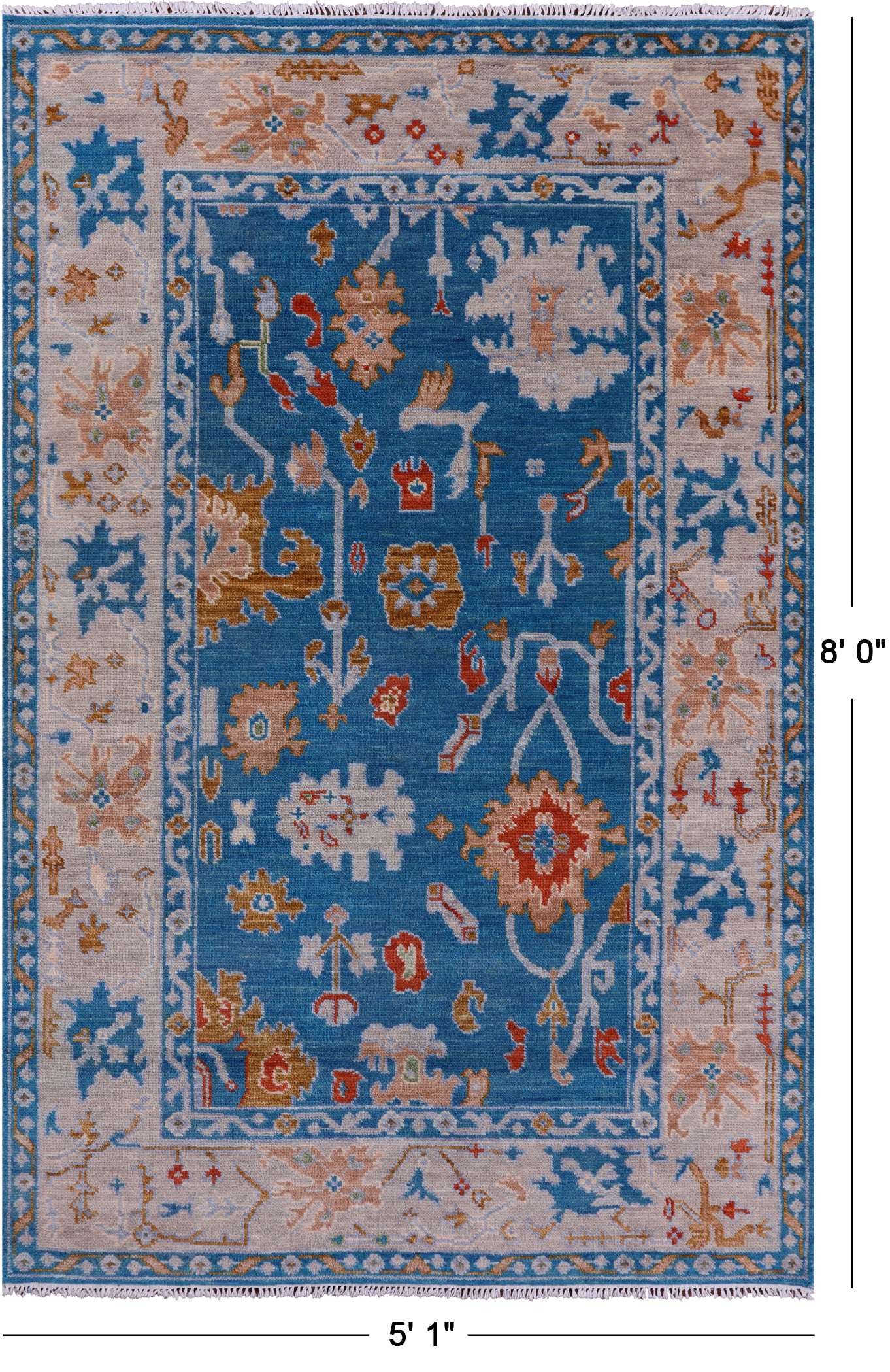 Blue Turkish Oushak Hand Knotted Wool Rug - 5' 1" X 8' 0" - Golden Nile