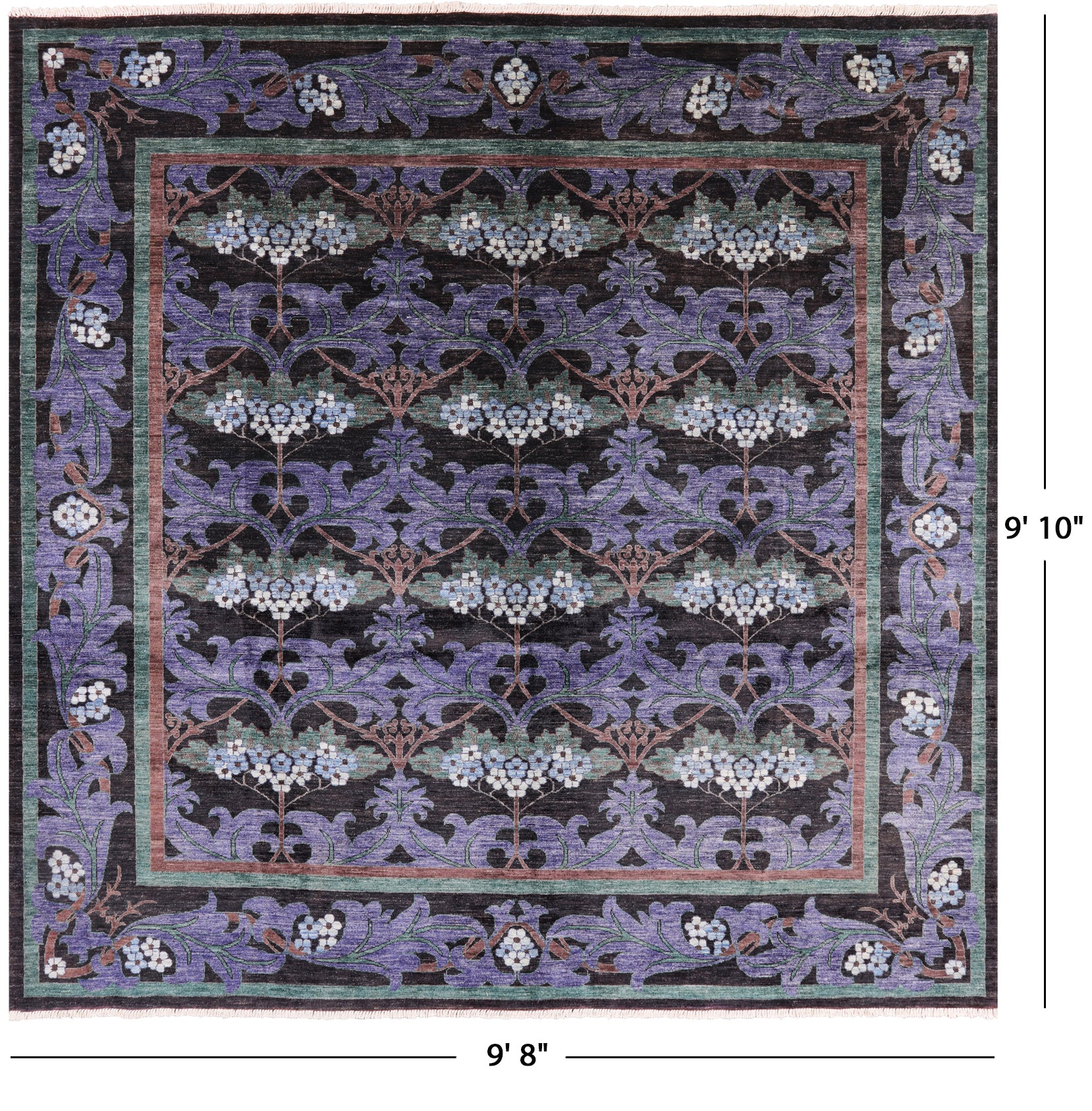 Black Square William Morris Hand Knotted Wool Area Rug - 9' 8" X 9' 10" - Golden Nile