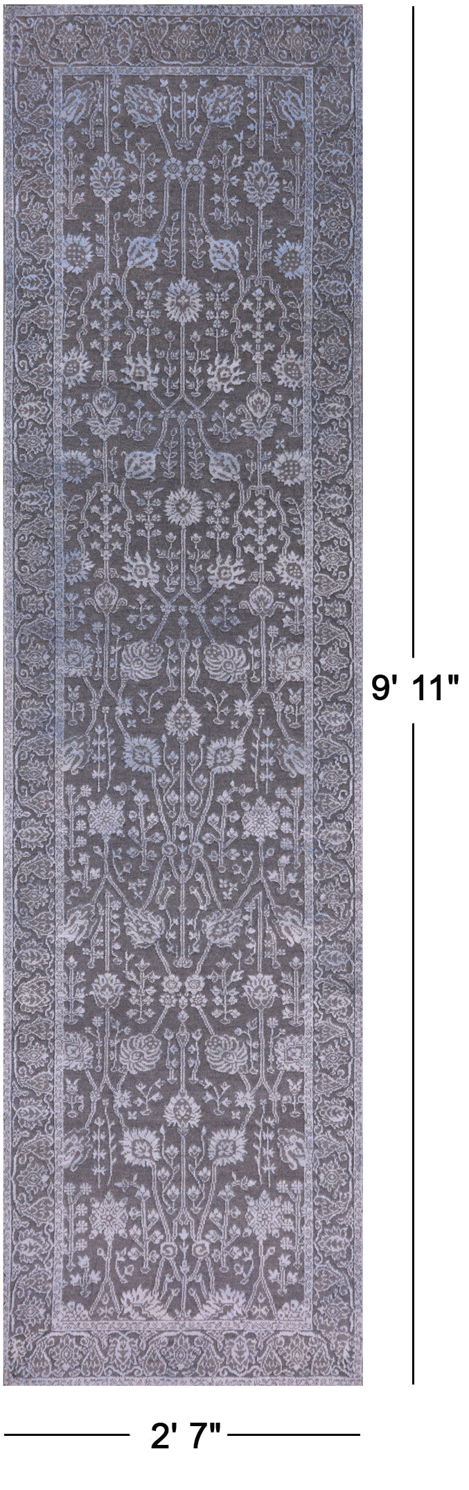 Grey Persian Hand Knotted Wool & Silk Runner Rug - 2' 7" X 9' 11" - Golden Nile