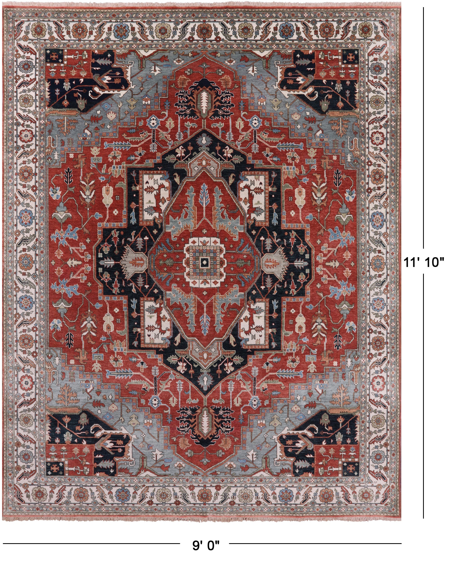 Red Persian Fine Serapi Hand Knotted Wool Rug - 9' 0" X 11' 10" - Golden Nile