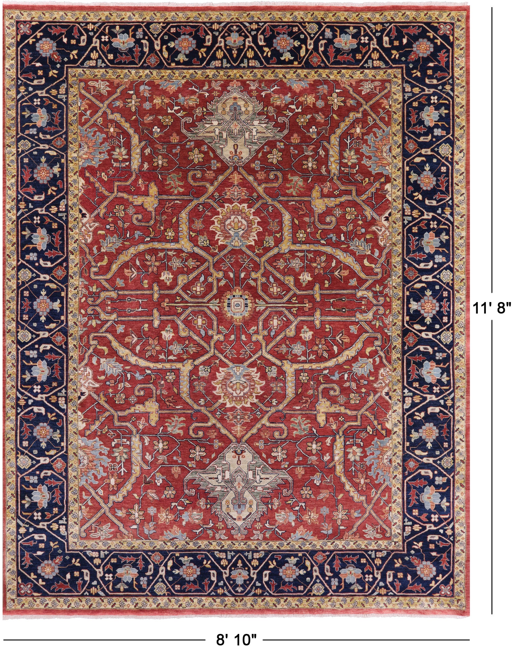 Red Persian Fine Serapi Hand Knotted Wool Rug - 8' 10" X 11' 8" - Golden Nile