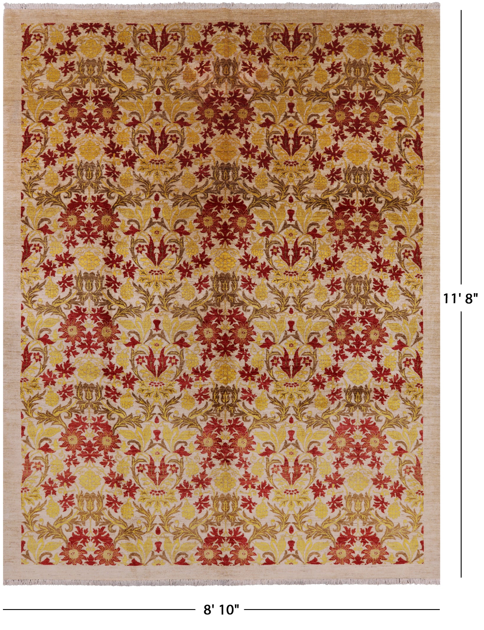 Ivory William Morris Handmade Wool Area Rug - 8' 10" X 11' 8" - Golden Nile