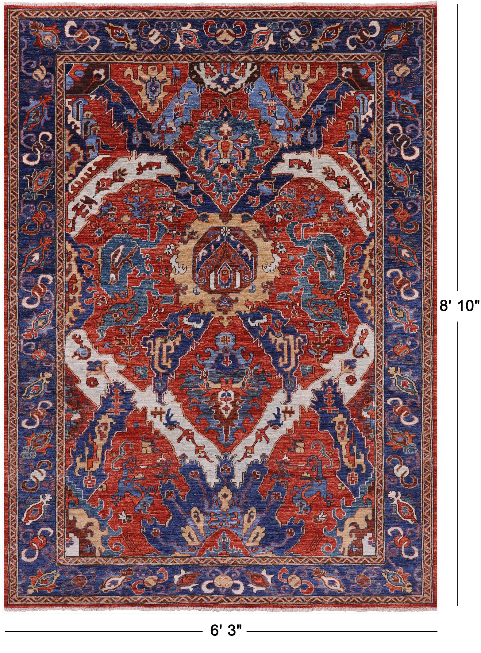 Red Persian Fine Serapi Hand Knotted Wool Rug - 6' 3" X 8' 10" - Golden Nile