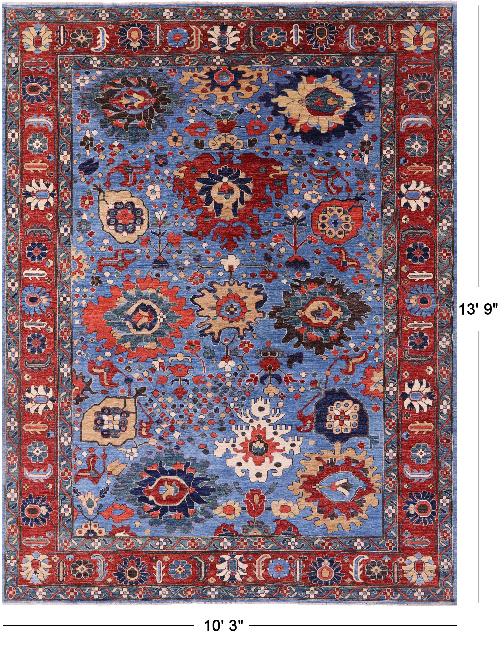 Blue Persian Fine Serapi Hand Knotted Wool Rug - 10' 3" X 13' 9" - Golden Nile