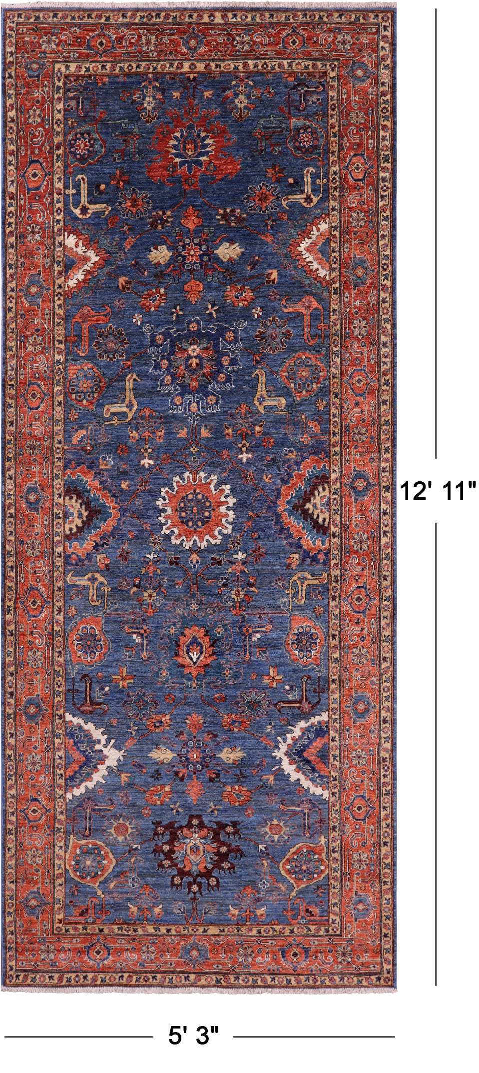 Blue Persian Fine Serapi Hand Knotted Wool Rug - 5' 3" X 12' 11" - Golden Nile