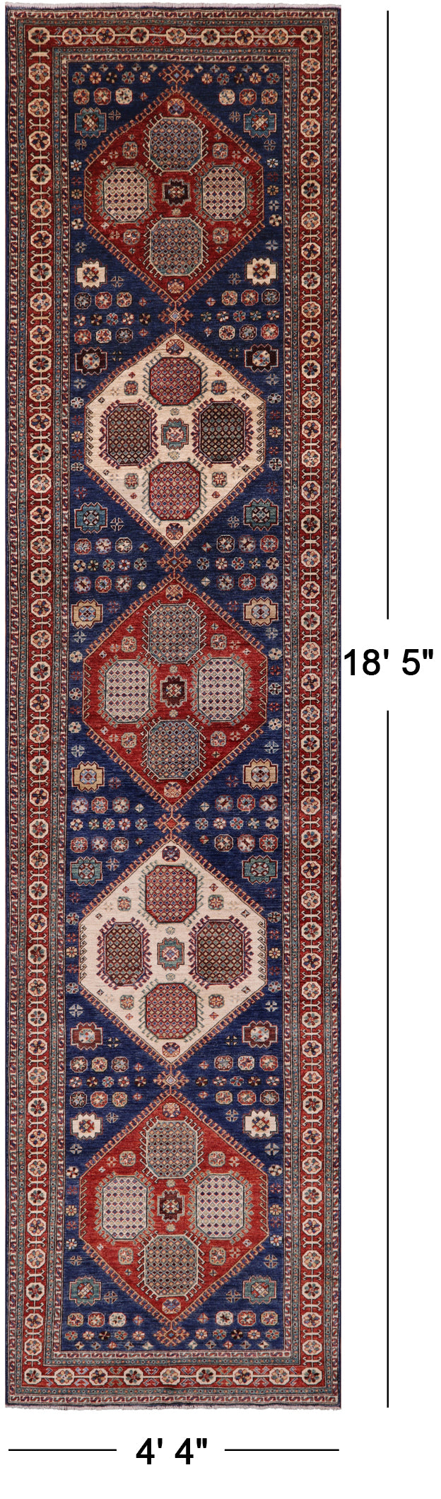 Blue Persian Fine Serapi Hand Knotted Wool Runner Rug - 4' 4" X 18' 5" - Golden Nile
