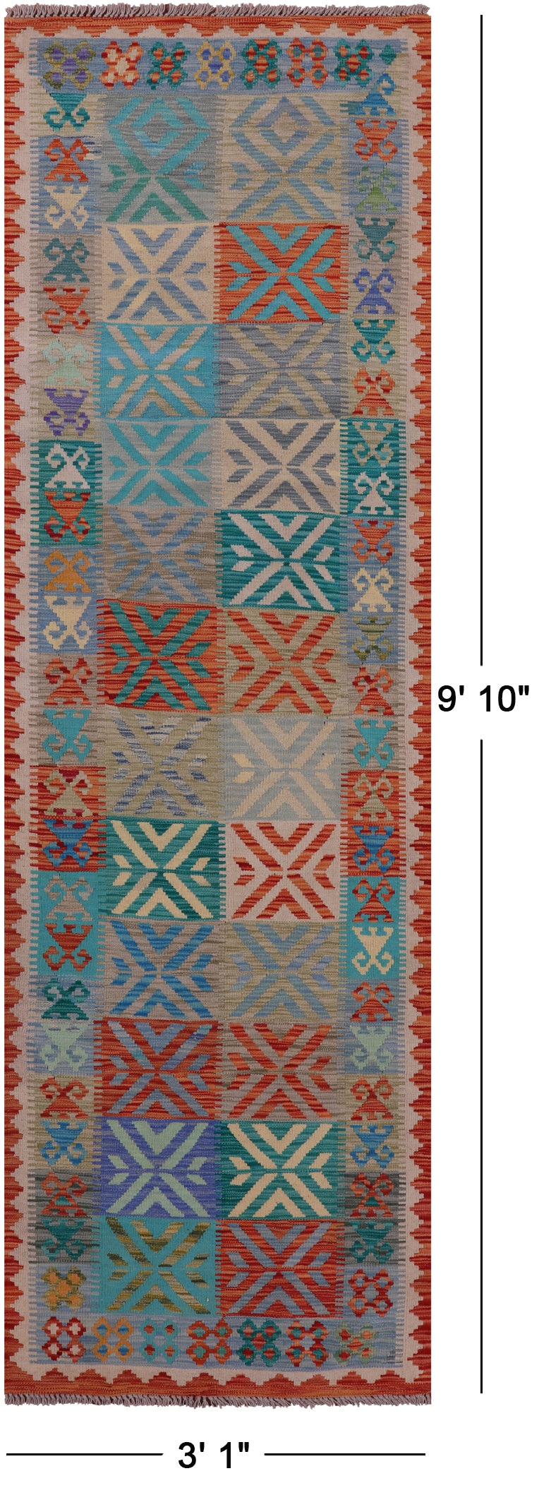 Reversible Kilim Flat Weave Wool On Wool Runner Rug - 3' 1" X 9' 10" - Golden Nile