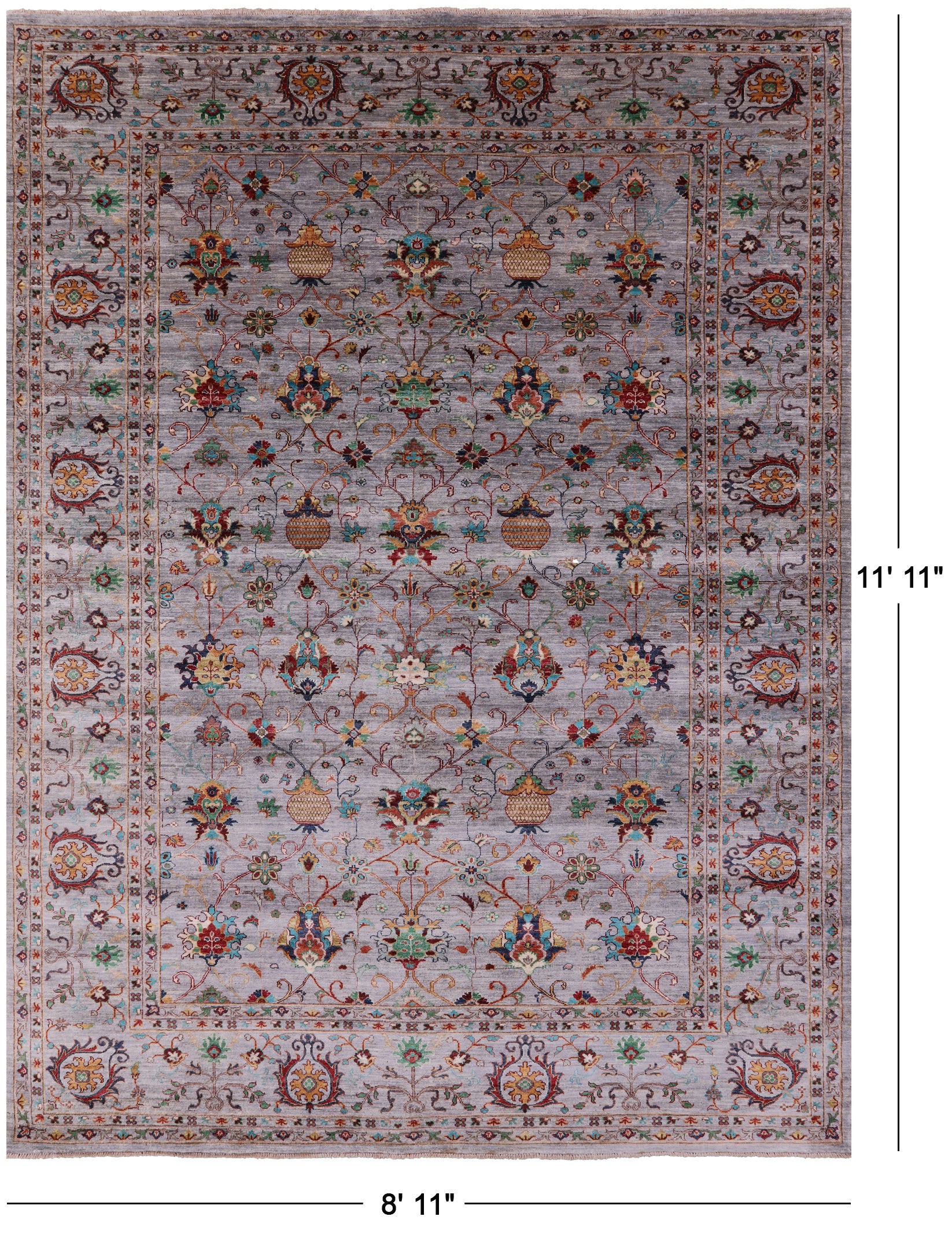 Grey Peshawar Hand Knotted Wool Rug - 8' 11" X 11' 11" - Golden Nile