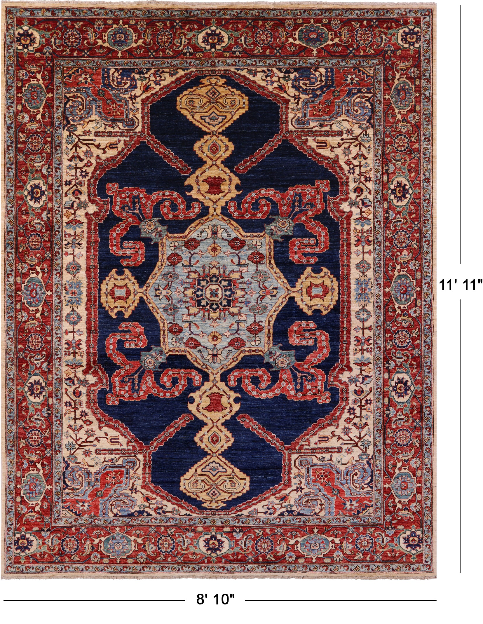 Blue Persian Fine Serapi Hand Knotted Wool Rug - 8' 10" X 11' 11" - Golden Nile