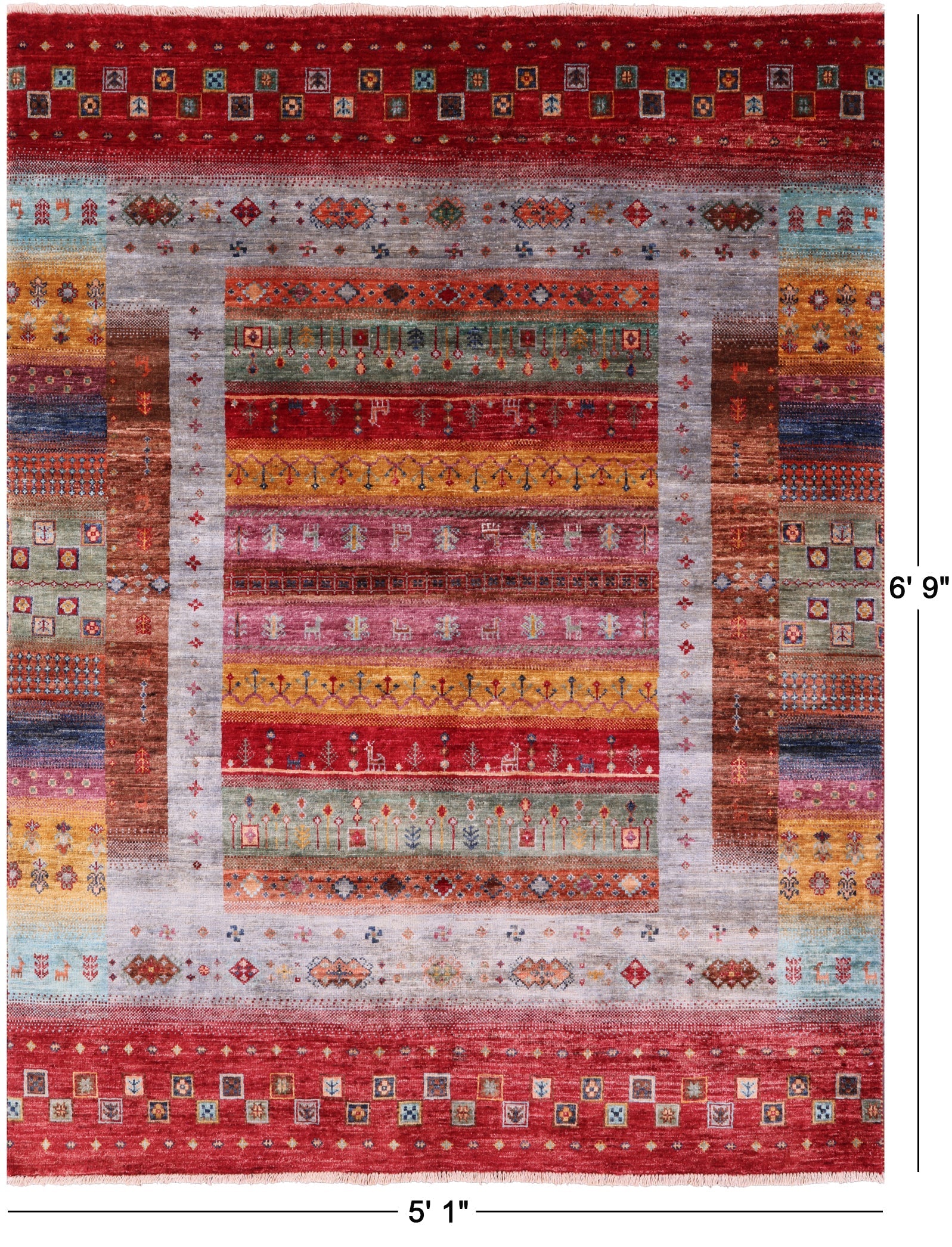 Persian Gabbeh Tribal Hand Knotted Wool Rug - 5' 1" X 6' 9" - Golden Nile