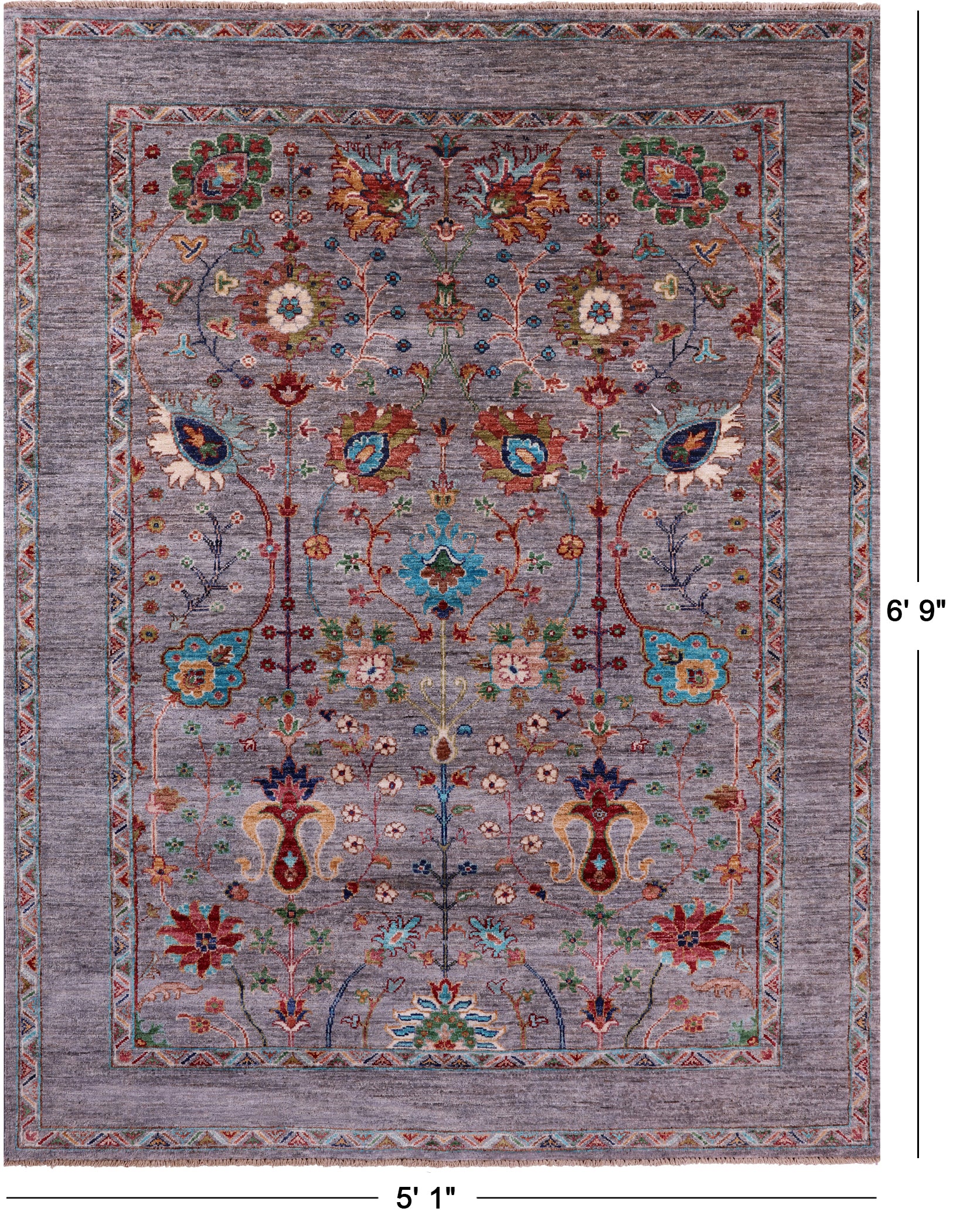 Grey Peshawar Hand Knotted Wool Rug - 5' 1" X 6' 9" - Golden Nile