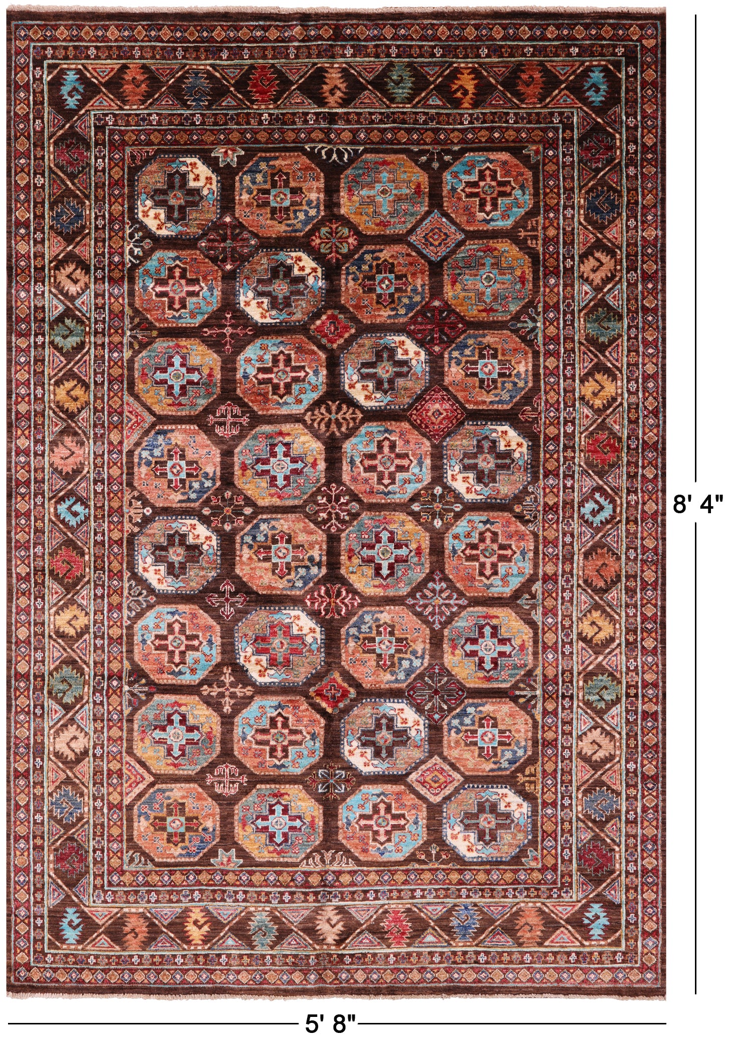 Brown Turkmen Ersari Handmade Wool Rug - 5' 8" X 8' 4" - Golden Nile