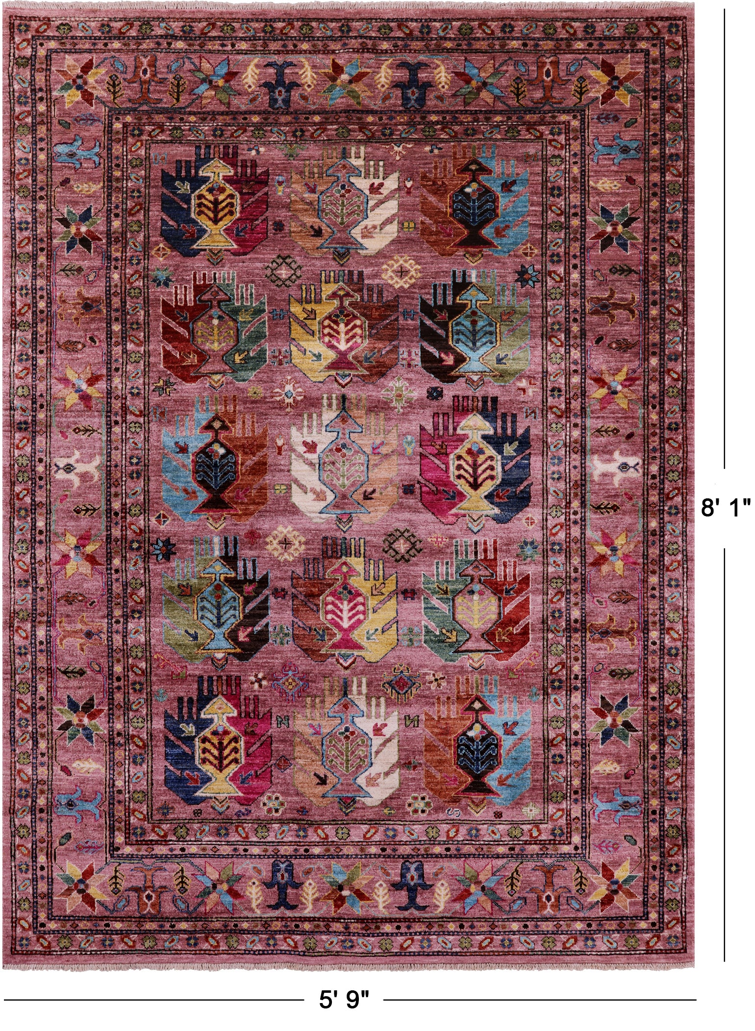 Pink Turkmen Ersari Hand Knotted Wool Rug - 5' 9" X 8' 1" - Golden Nile